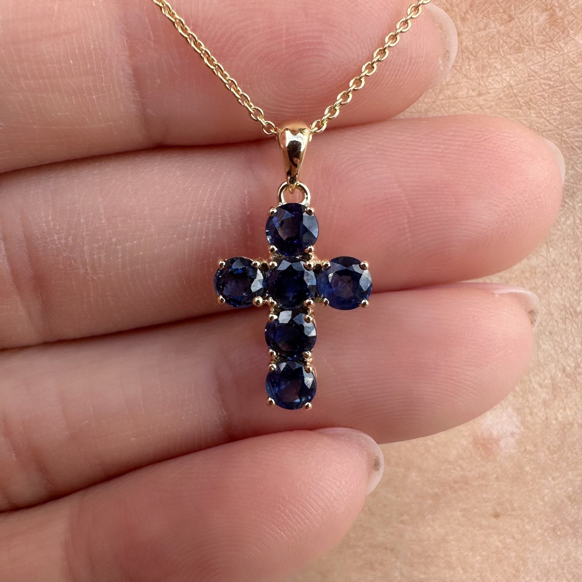 14K Solid Gold Genuine Round Sapphire Cross Pendant