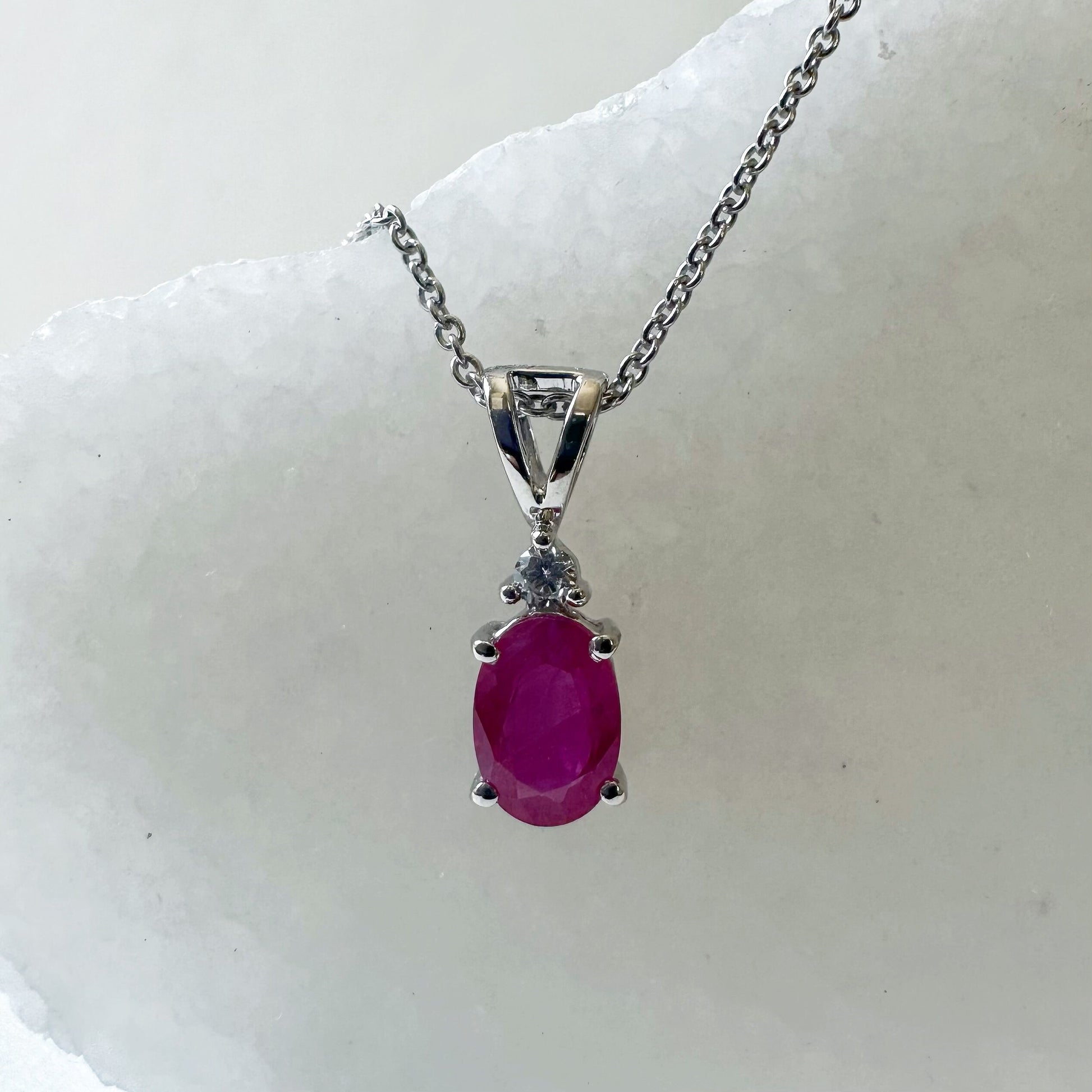 14K Solid White Gold Genuine Oval Ruby and Diamond Pendant