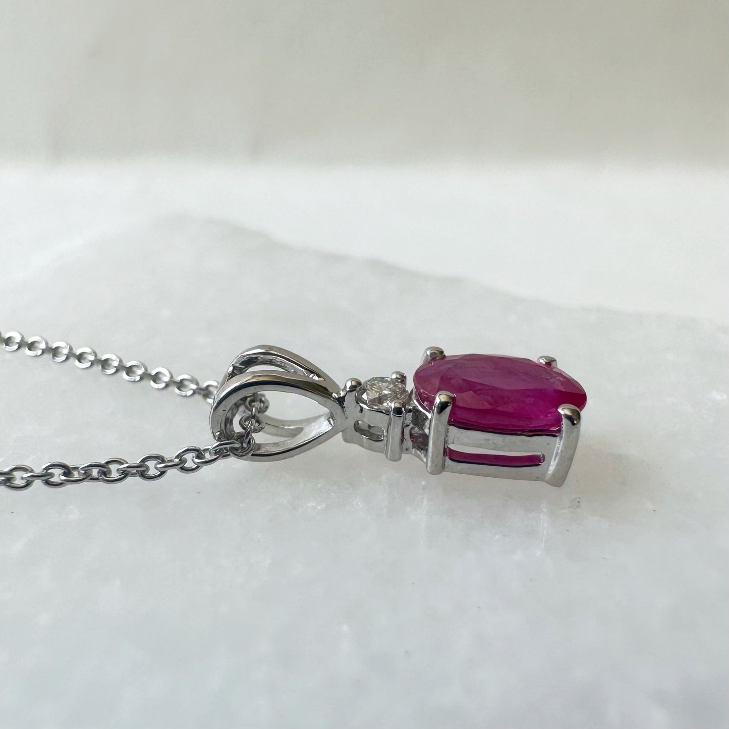 14K Solid White Gold Genuine Oval Ruby and Diamond Pendant