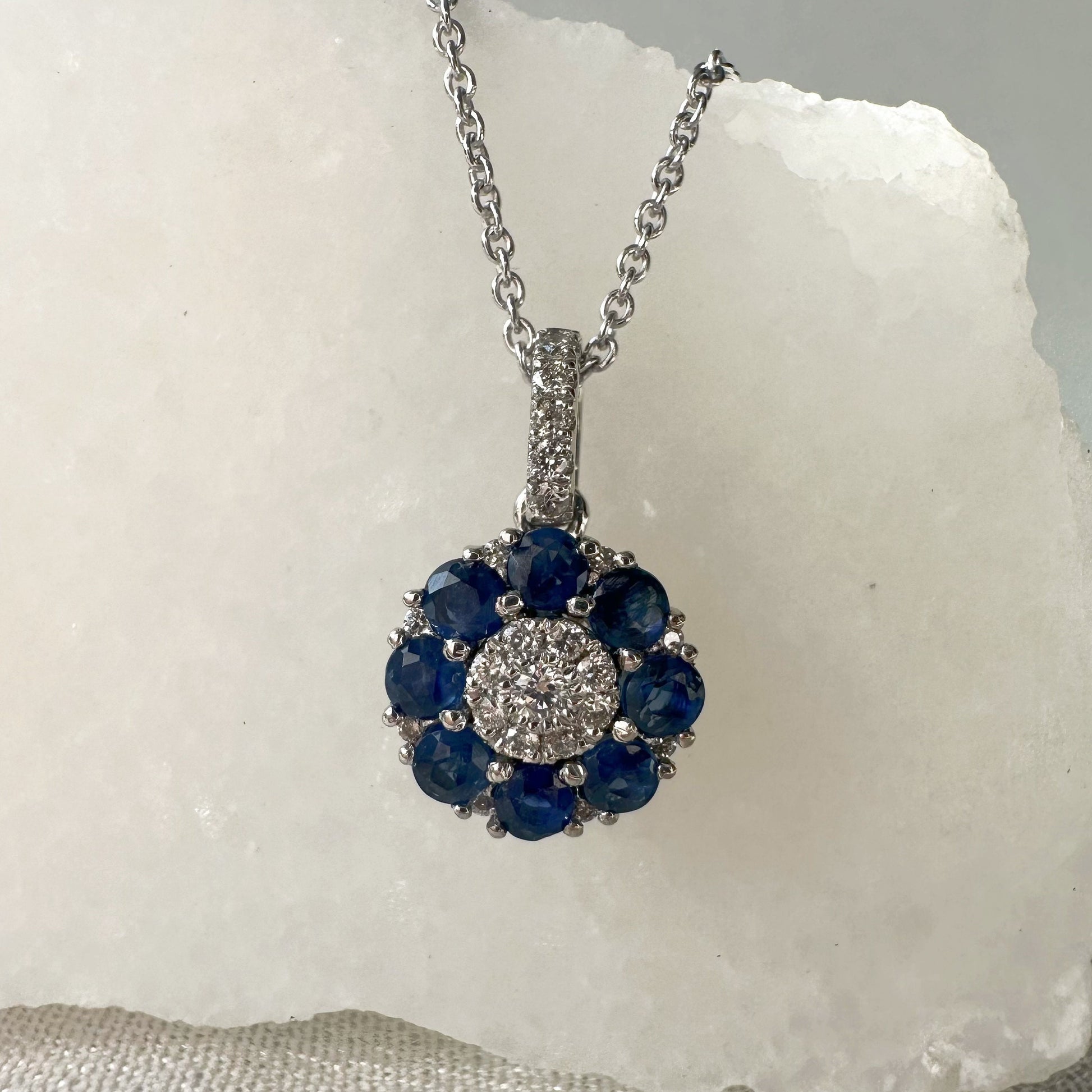 18K Solid White Gold Genuine Sapphire and Diamond Flower Pendant