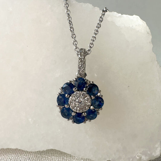 18K Solid White Gold Genuine Sapphire and Diamond Flower Pendant