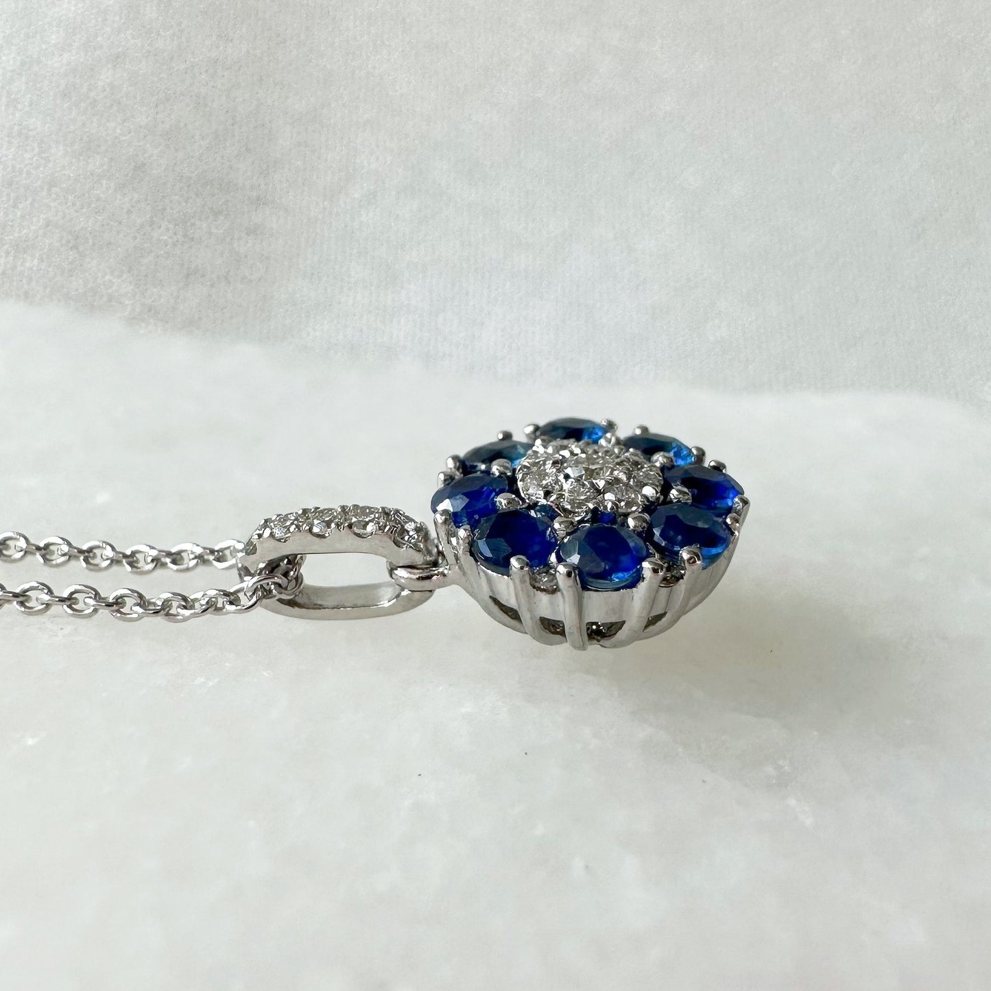 18K Solid White Gold Genuine Sapphire and Diamond Flower Pendant