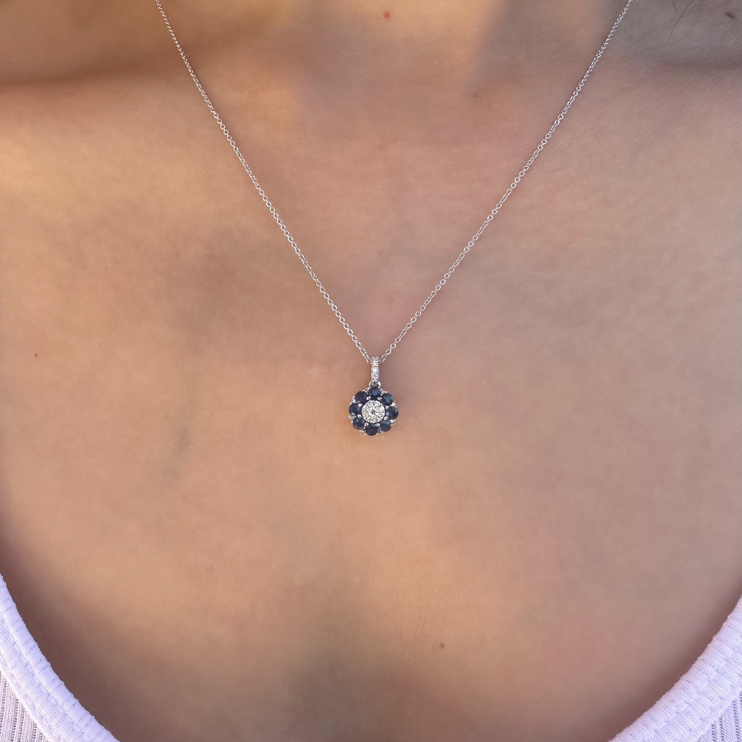 14K Solid Gold Genuine Sapphire and Diamond Flower Pendant