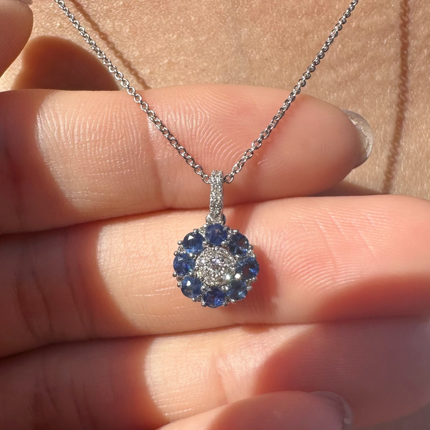 18K Solid White Gold Genuine Sapphire and Diamond Flower Pendant