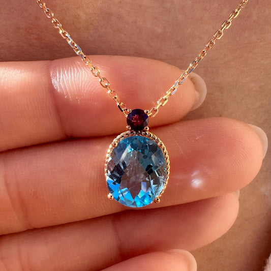 18K Solid Rose Gold Genuine Blue Topaz and Amethyst Necklace