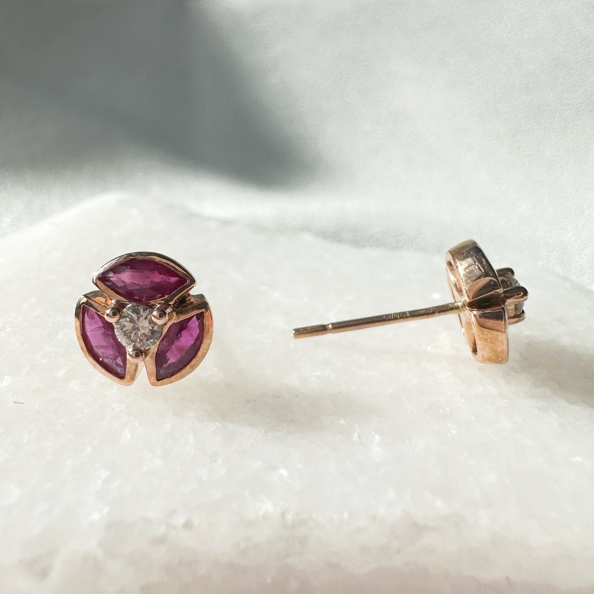 14K Solid Rose Gold Genuine Ruby and Diamond Windmill Studs