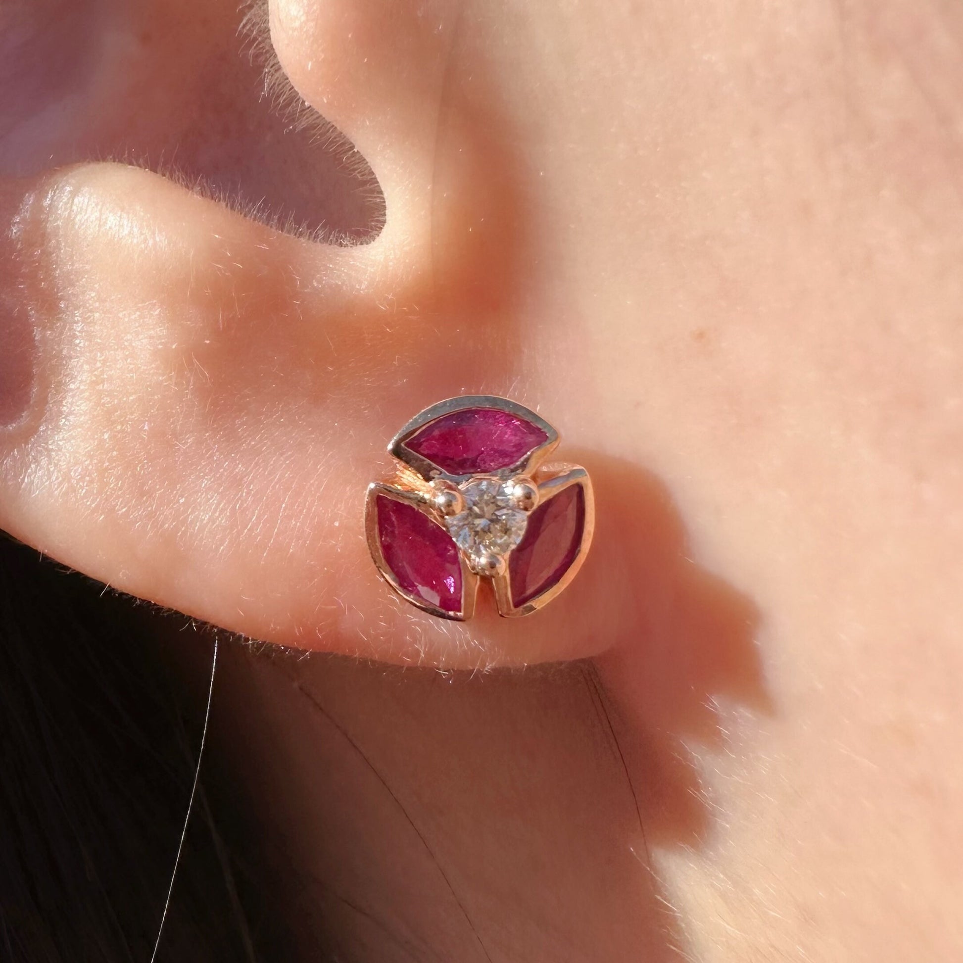 14K Solid Rose Gold Genuine Ruby and Diamond Windmill Studs