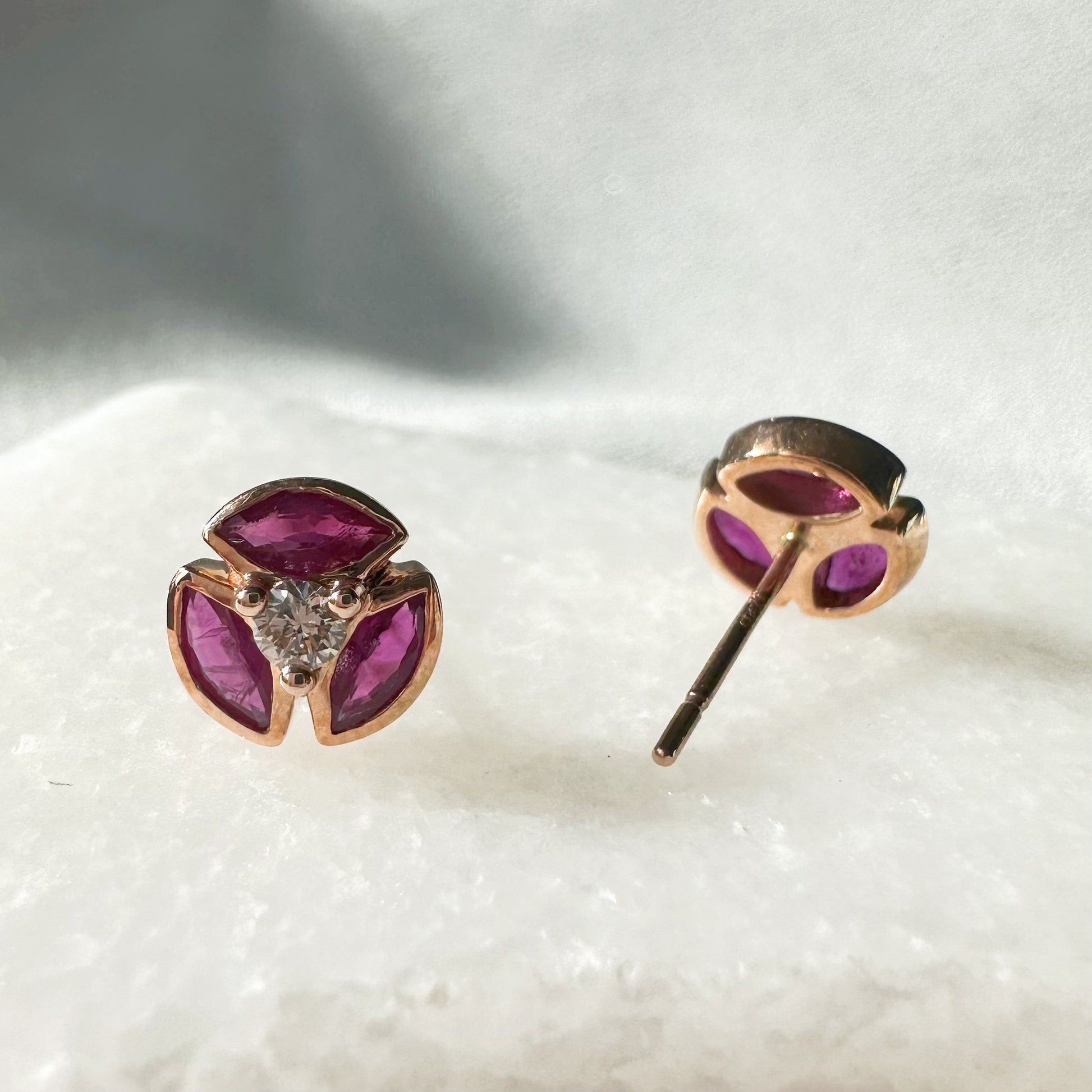 14K Solid Rose Gold Genuine Ruby and Diamond Windmill Studs