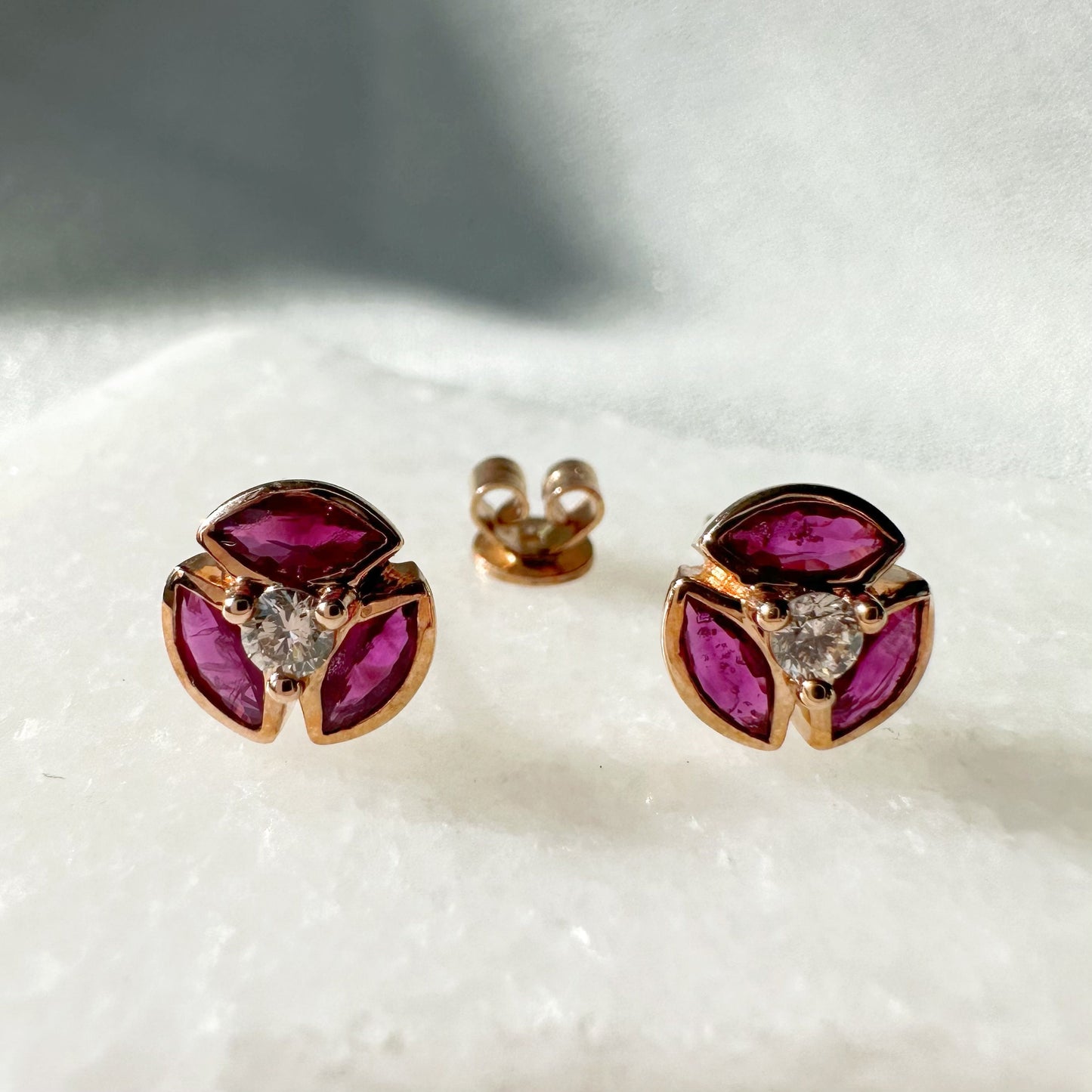 14K Solid Rose Gold Genuine Ruby and Diamond Windmill Studs