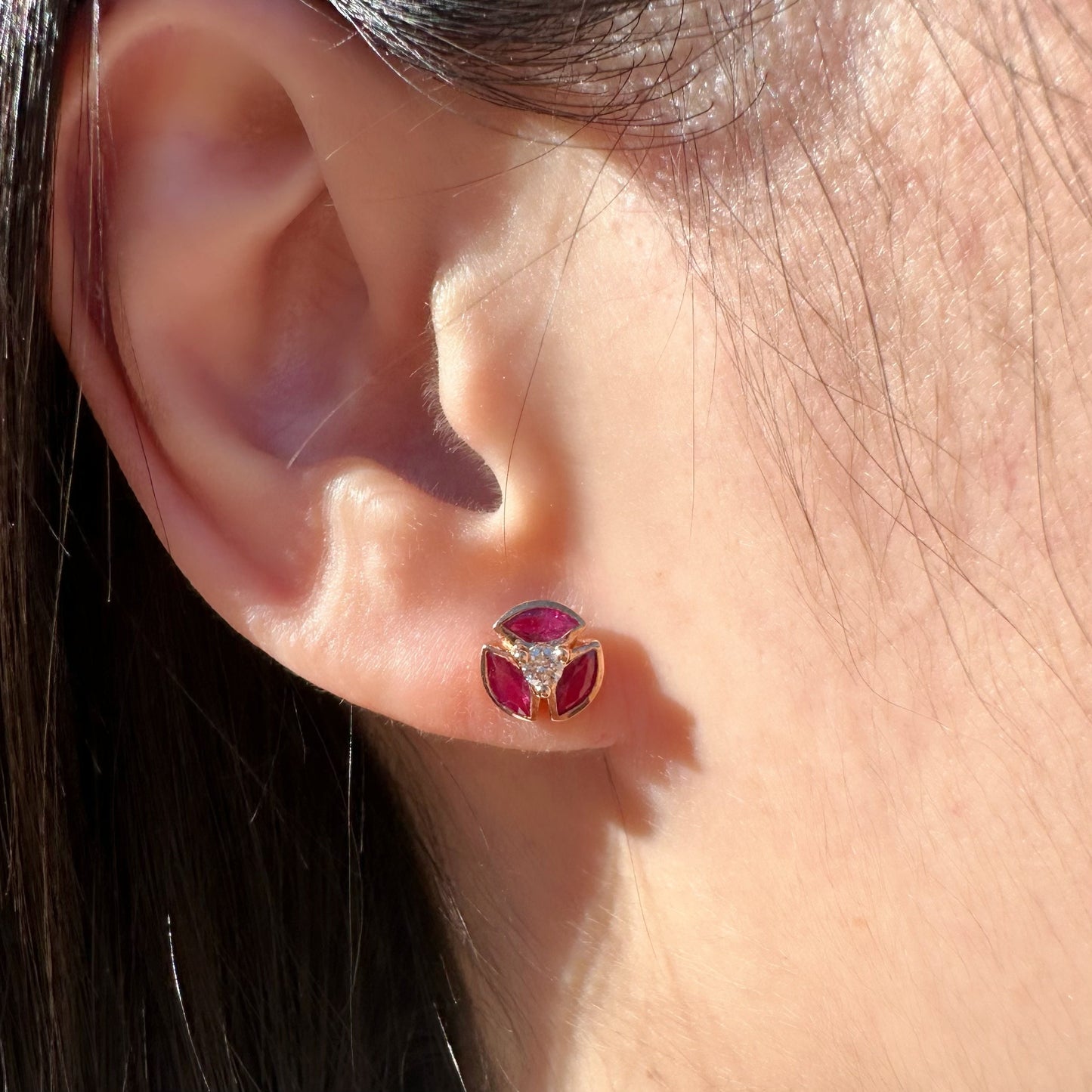 14K Solid Rose Gold Genuine Ruby and Diamond Windmill Studs