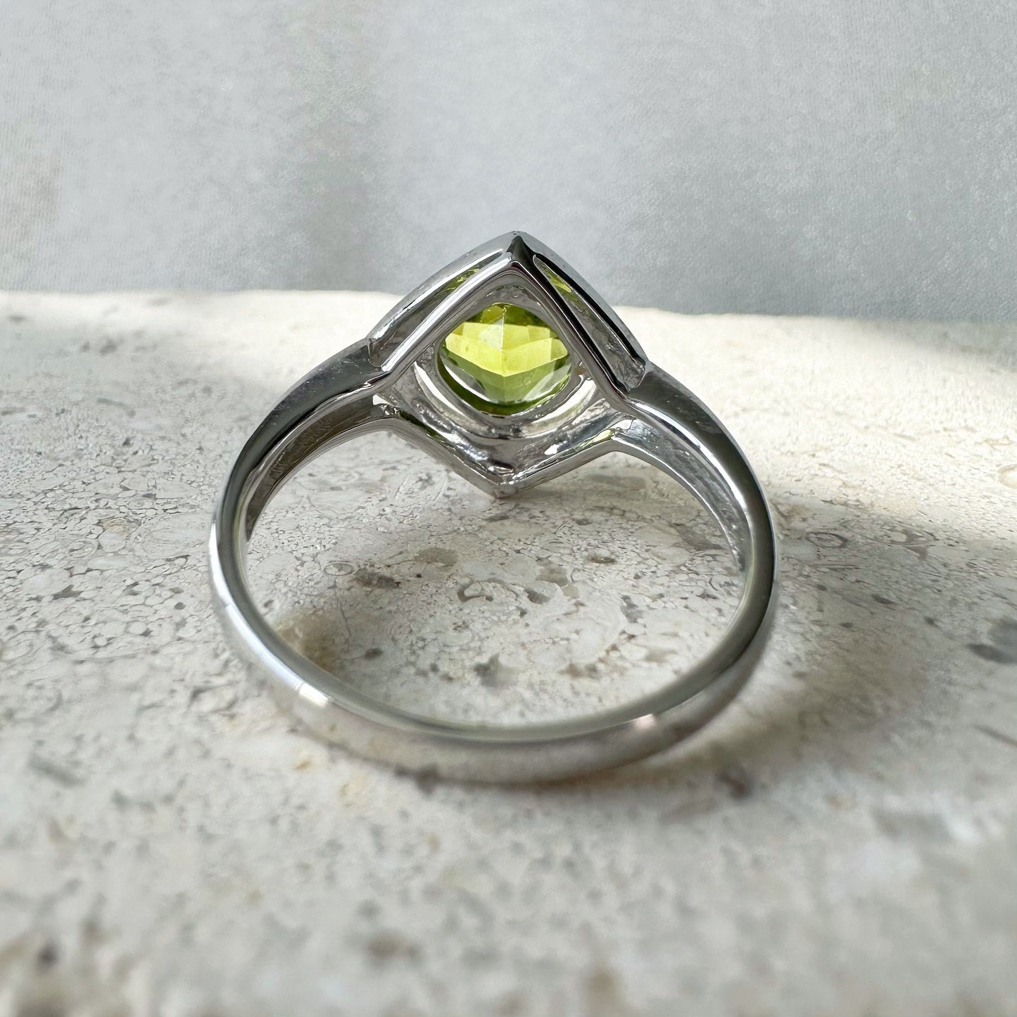 14K Solid White Gold Genuine Peridot and Diamond Cushion Ring