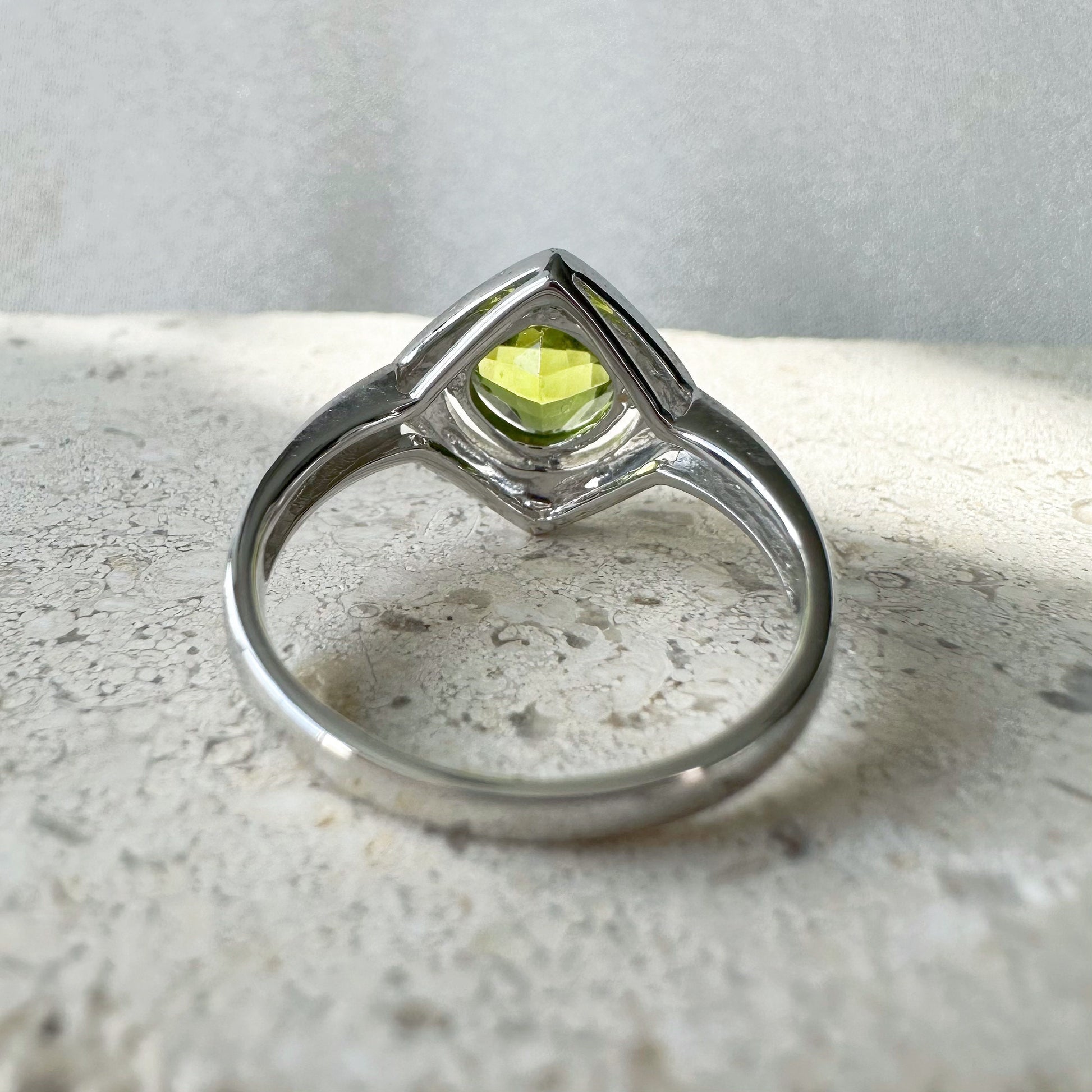 14K Solid White Gold Genuine Peridot and Diamond Cushion Ring
