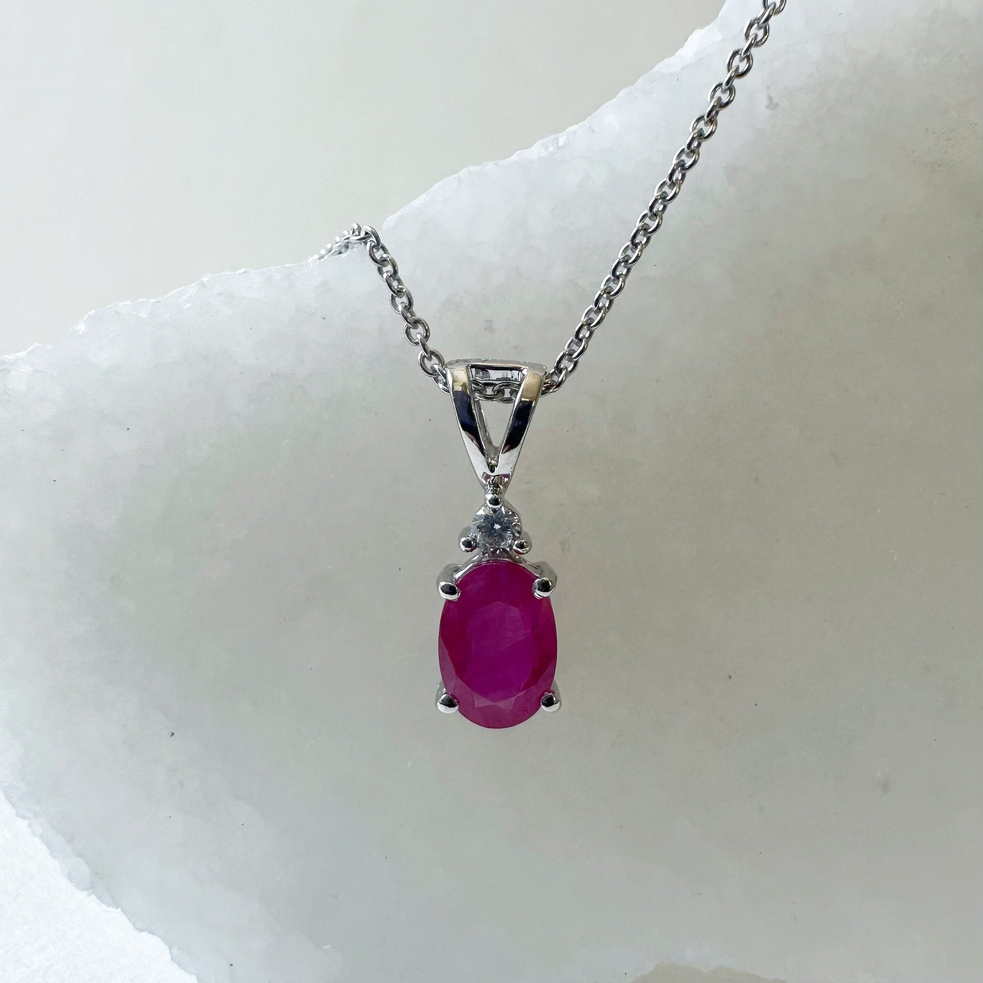 14K Solid White Gold Genuine Oval Ruby and Diamond Pendant