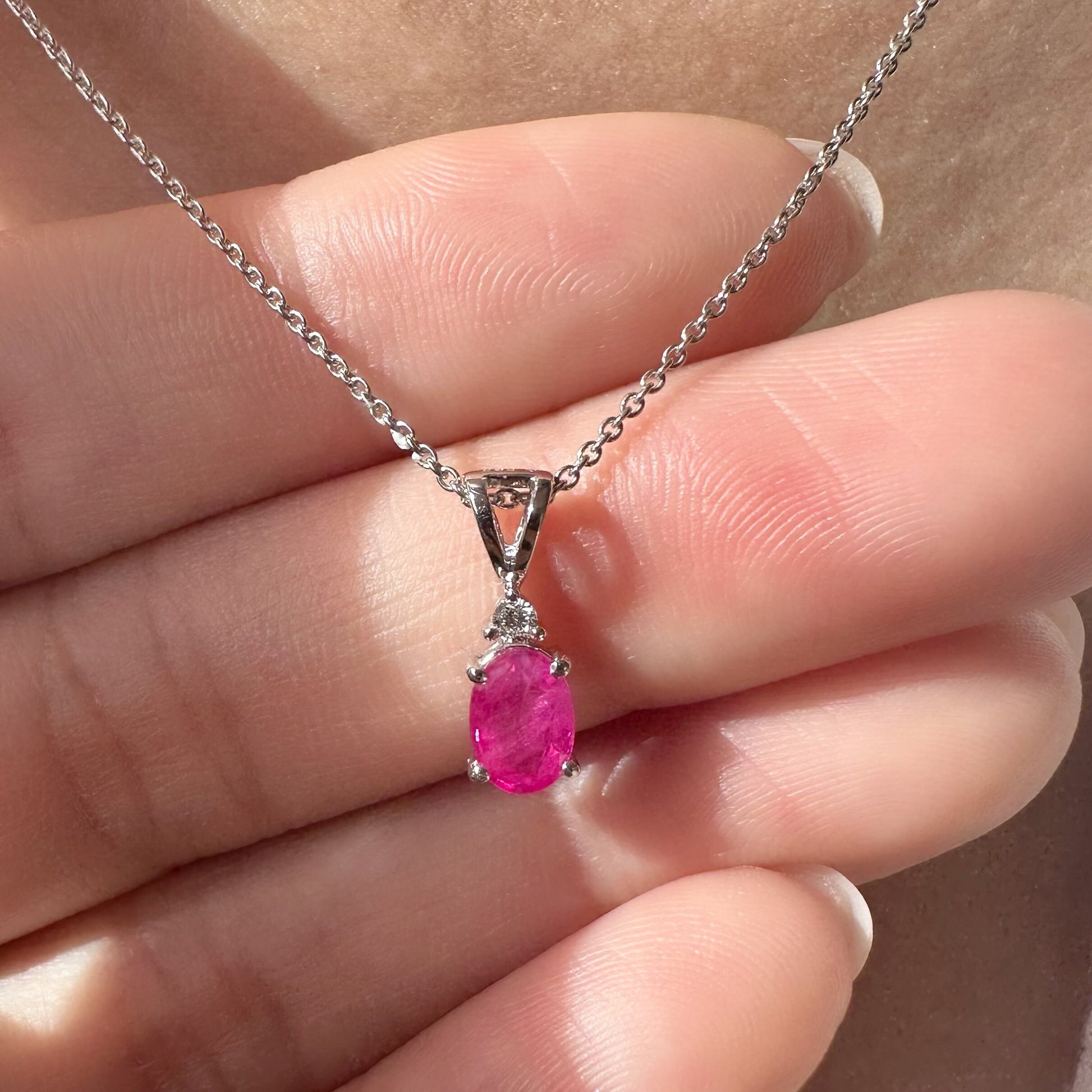 Natural Ruby Diamond Pendant Necklace | 14K White Gold Ruby Necklace | July Birthstone Necklace | Oval Ruby Pendant Gift for Her