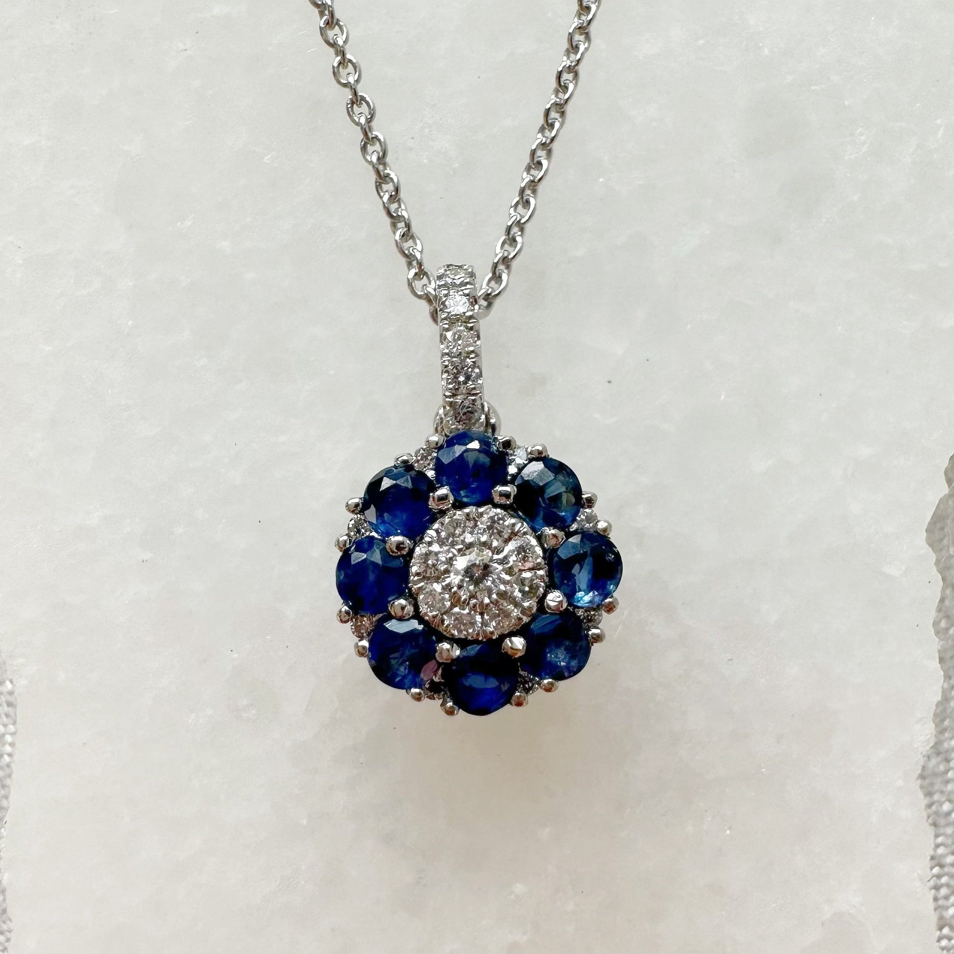18K Solid White Gold Genuine Sapphire and Diamond Flower Pendant
