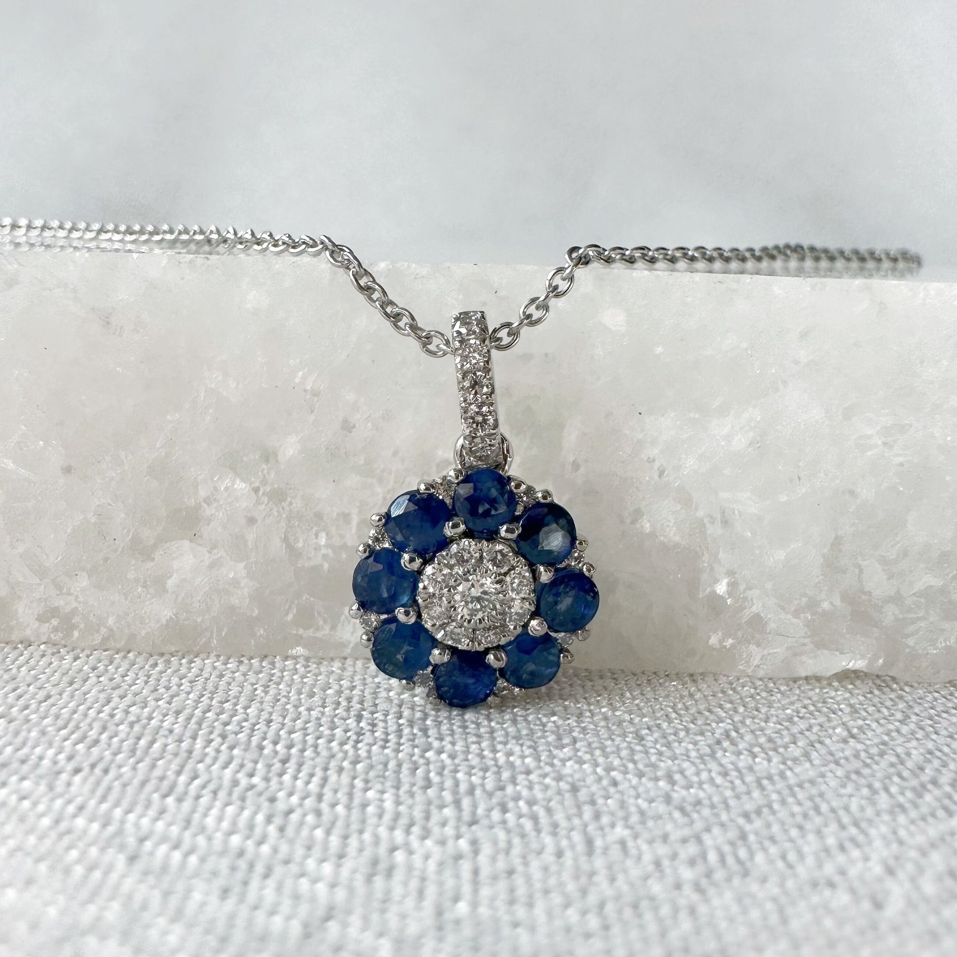 14K Solid Gold Genuine Sapphire and Diamond Flower Pendant