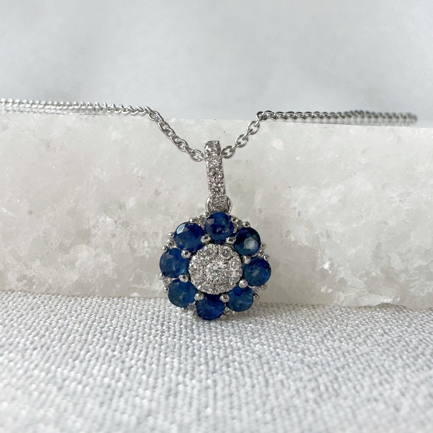 14K Solid Gold Genuine Sapphire and Diamond Flower Pendant