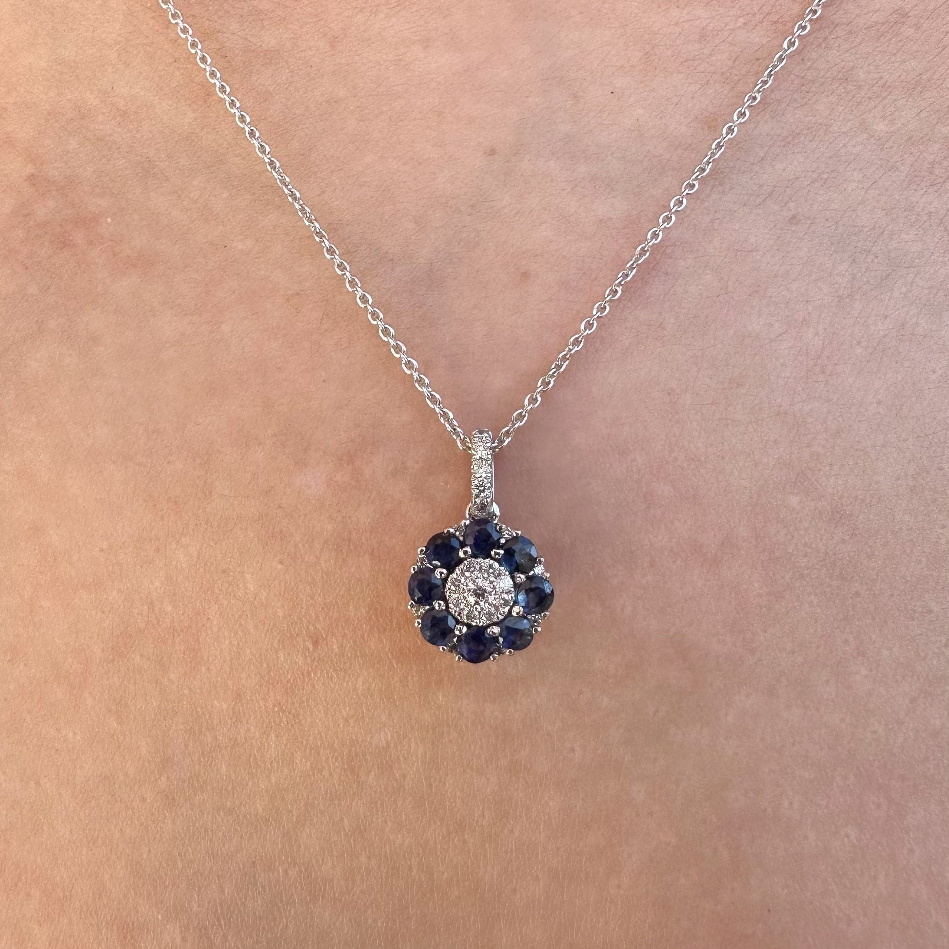 14K Solid Gold Genuine Sapphire and Diamond Flower Pendant