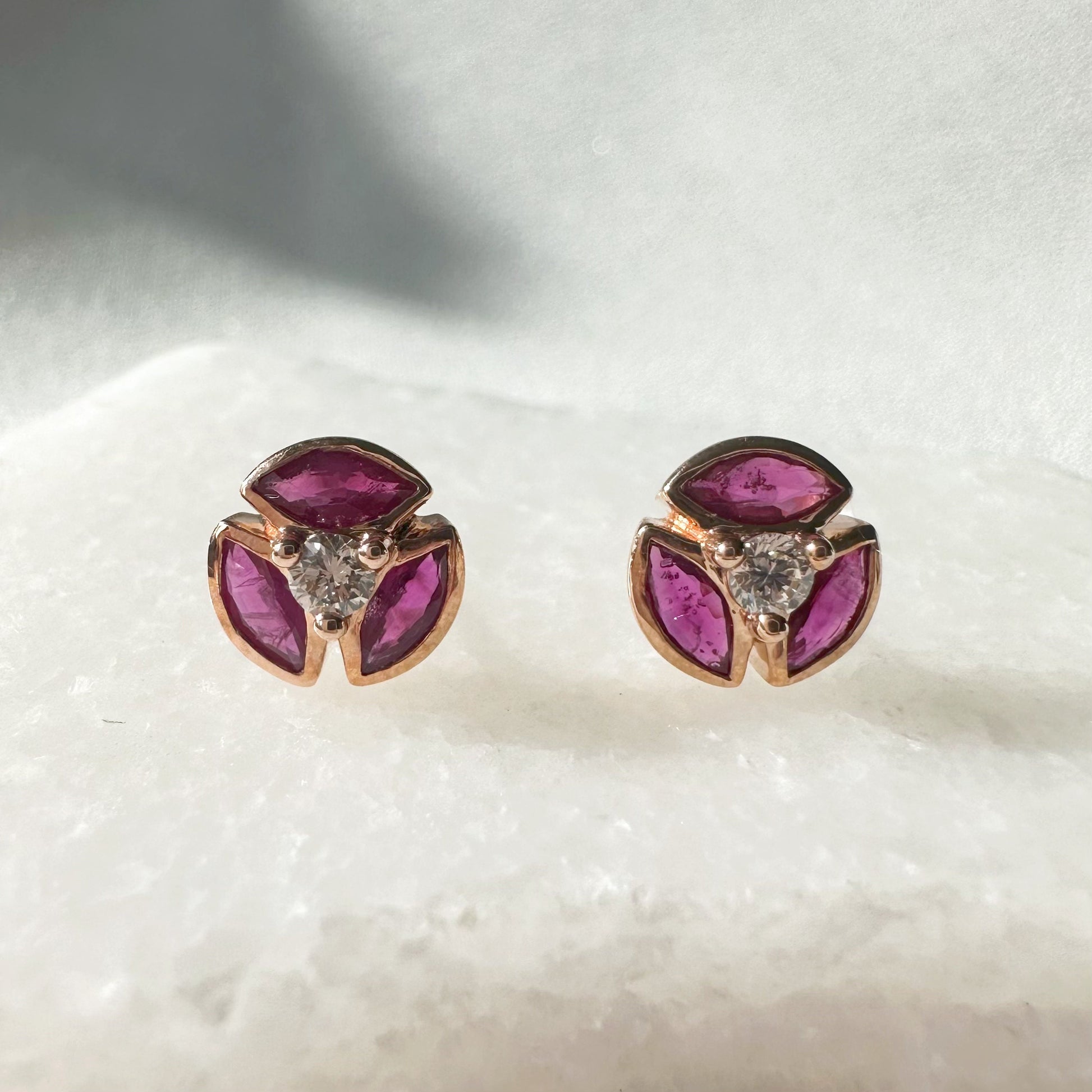 14K Solid Rose Gold Genuine Ruby and Diamond Windmill Studs