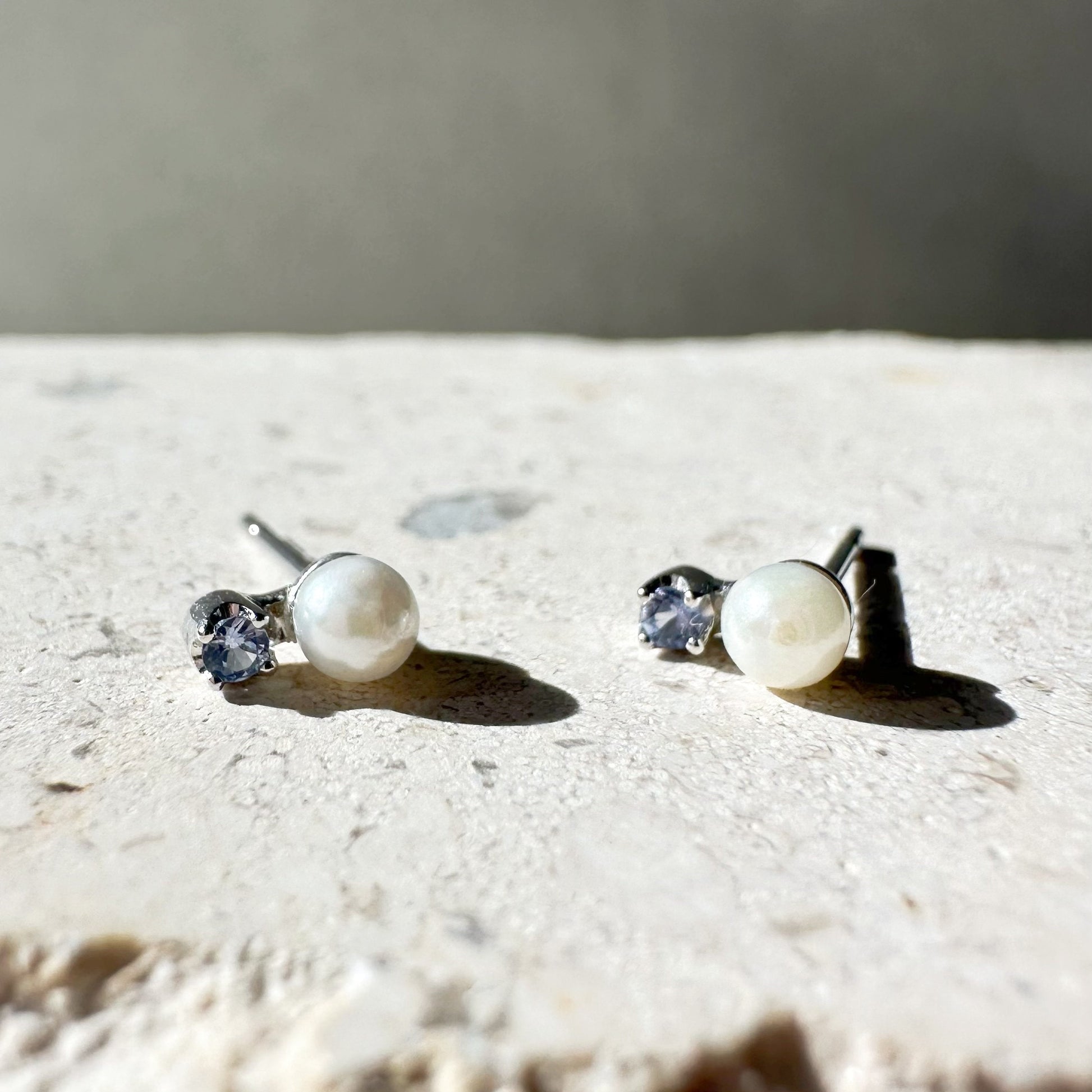 14K Solid Gold Genuine 3.5mm Mini Akoya Pearl and Ceylon Sapphire Studs/Pair