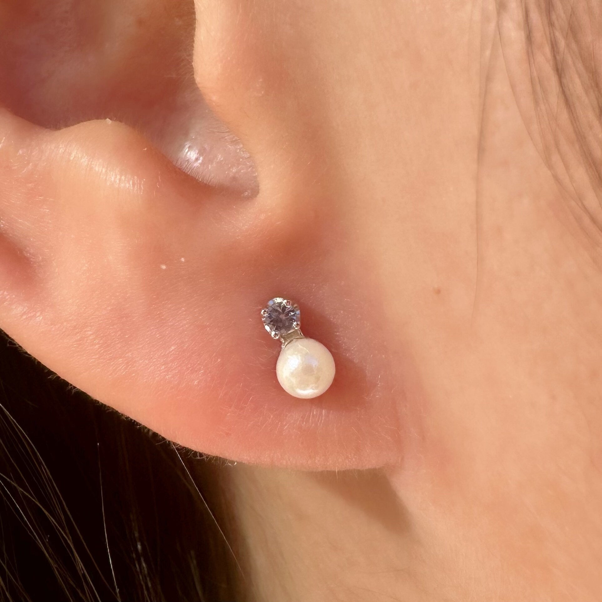 14K Solid Gold Genuine 3.5mm Mini Akoya Pearl and Ceylon Sapphire Studs/Pair