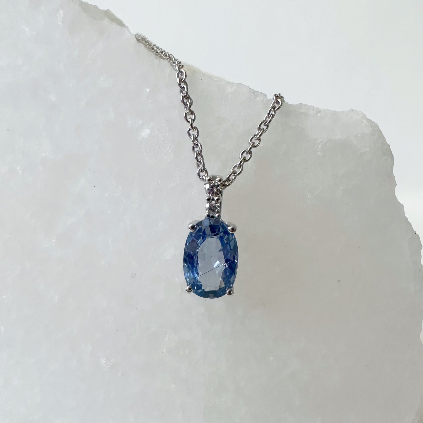 14K Solid Gold Diamond and Oval Ceylon Sapphire Pendant