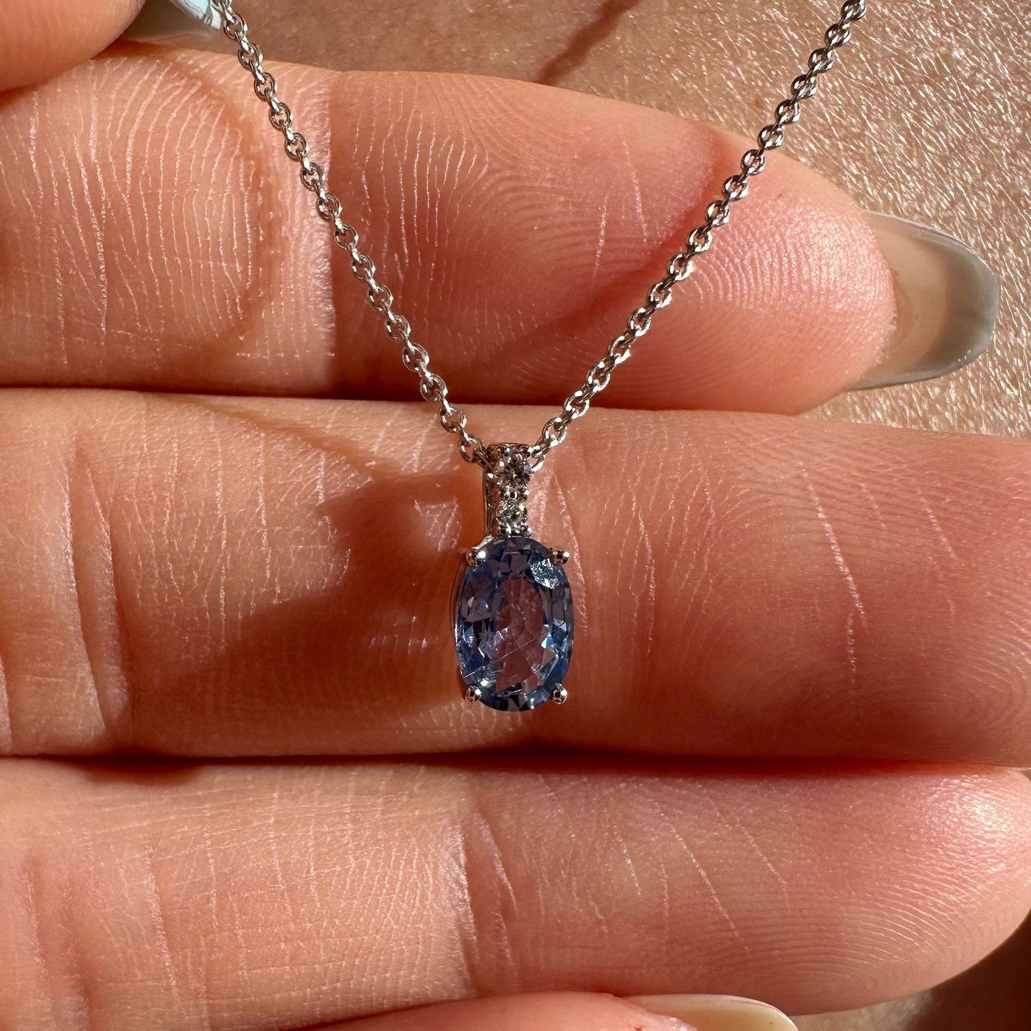 14K Solid Gold Diamond and Oval Ceylon Sapphire Pendant