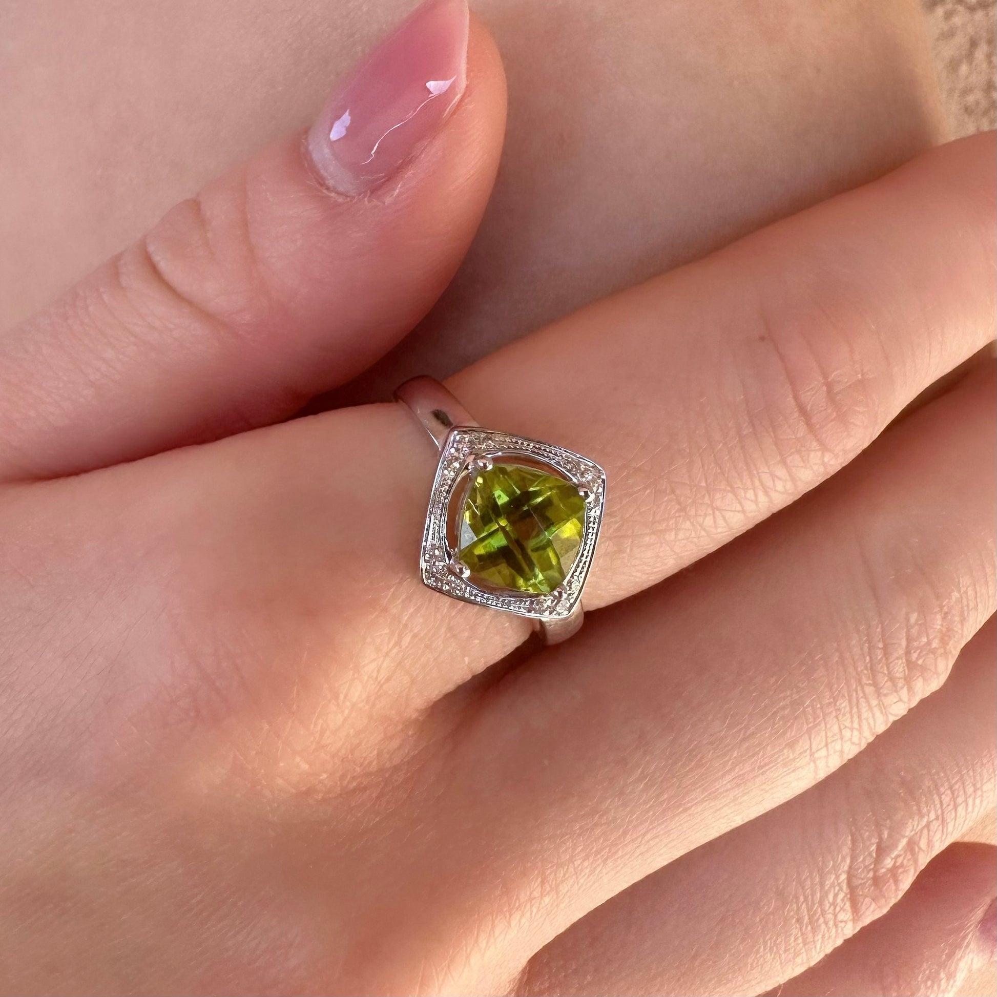 14K Solid White Gold Genuine Peridot and Diamond Cushion Ring