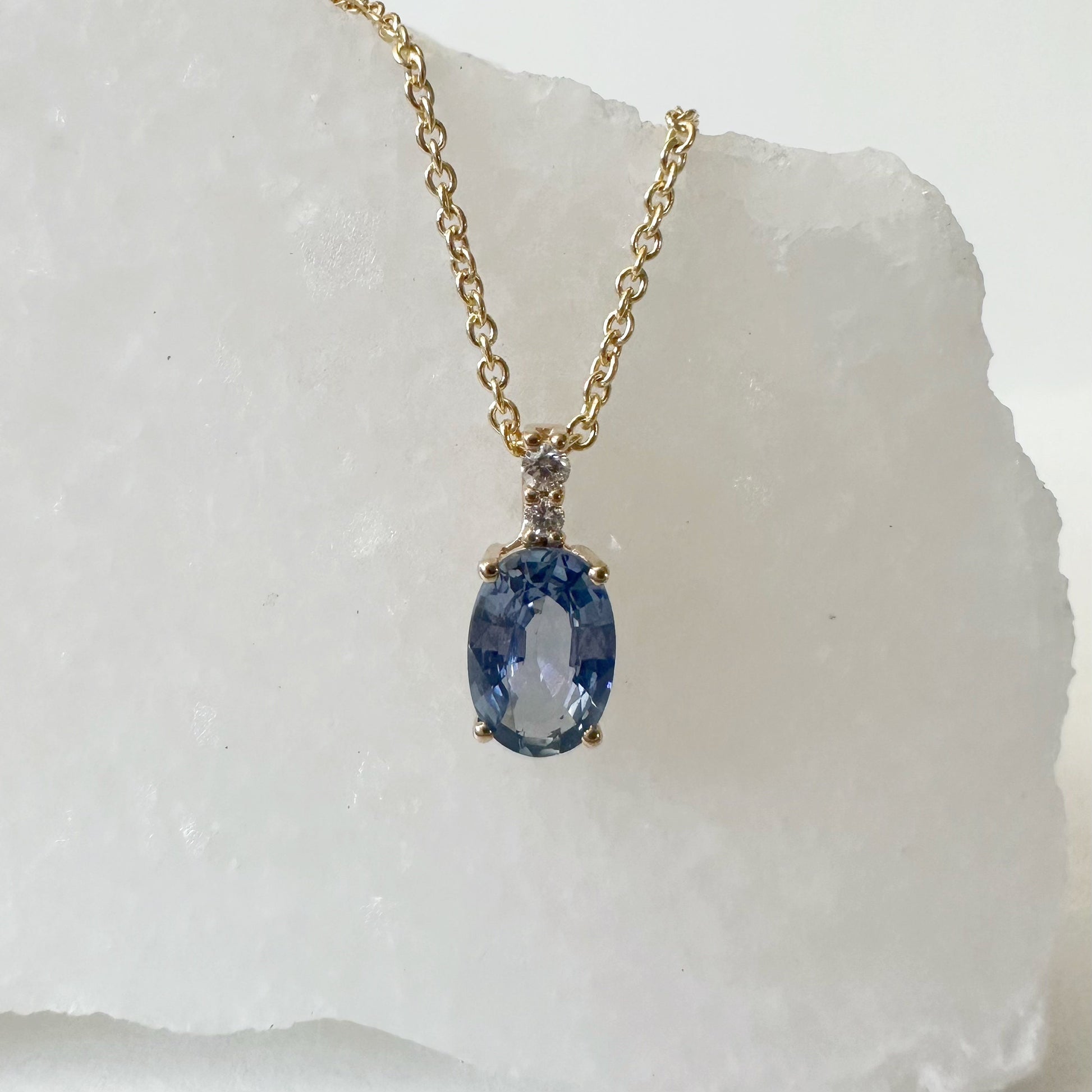 14K Solid Gold Diamond and Oval Ceylon Sapphire Pendant