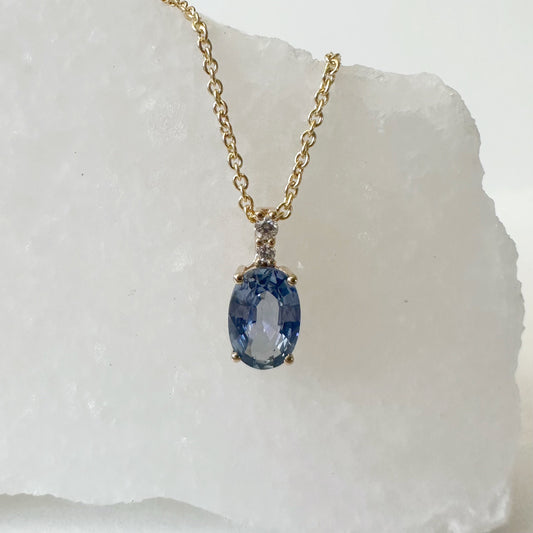 14K Solid Gold Diamond and Oval Ceylon Sapphire Pendant