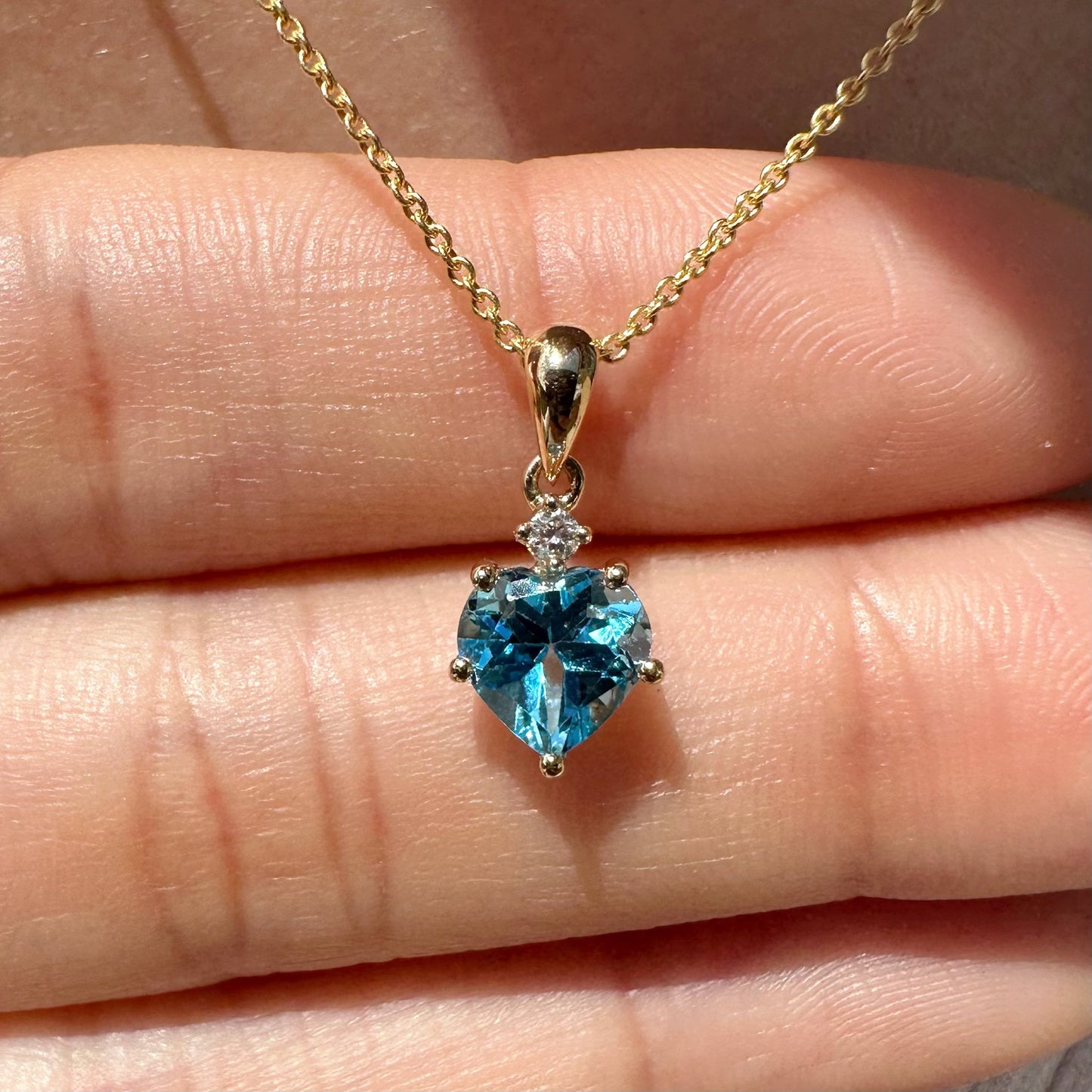 14K Solid Gold Heart Shaped Genuine 5 Prong Blue Topaz and Diamond Pendant