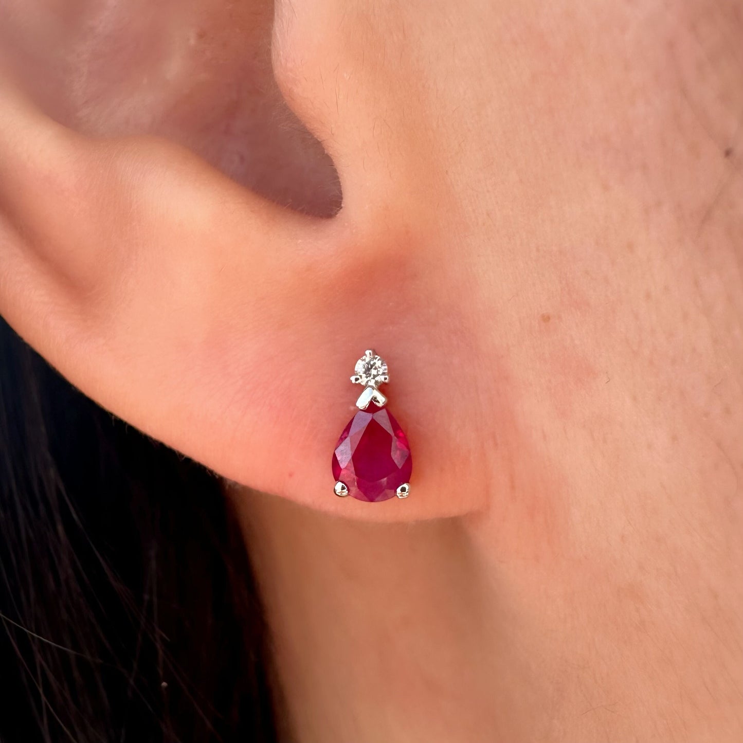 14K Solid Gold Genuine Ruby and Diamond Teardrop Studs/Pair