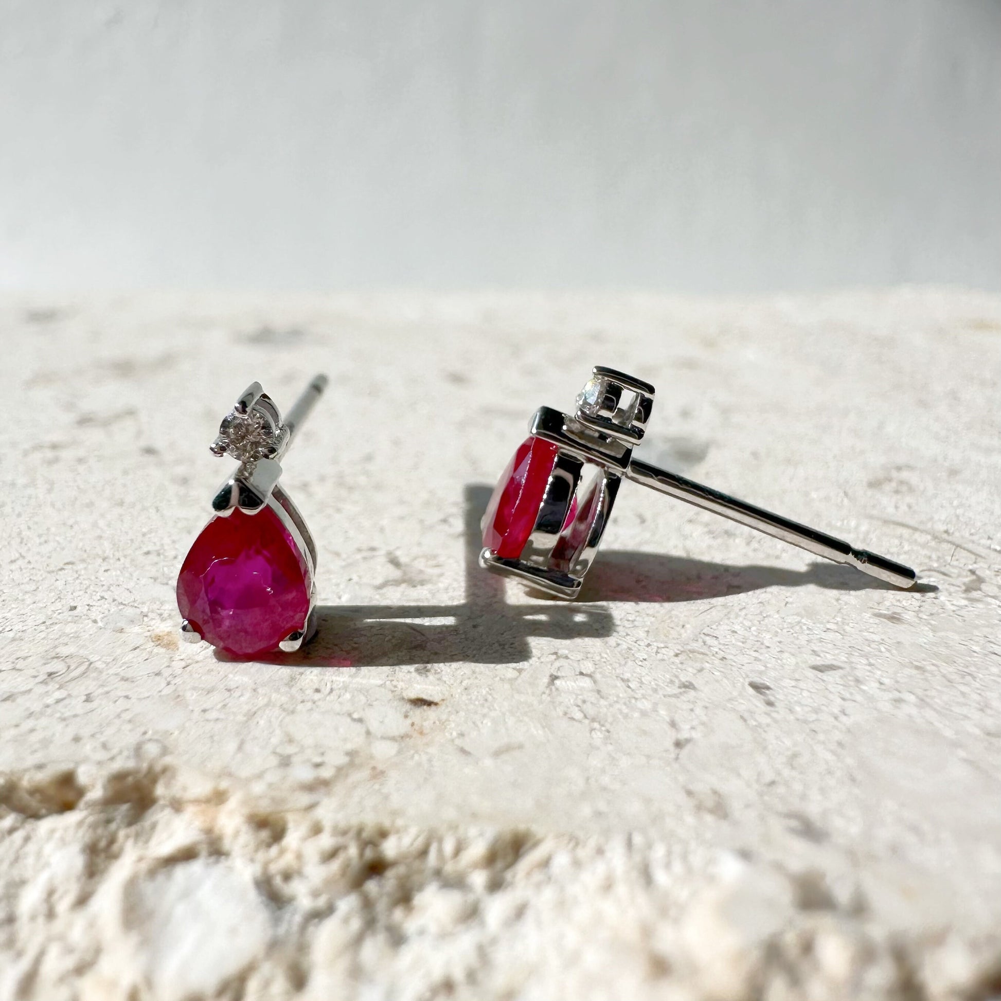 14K Solid Gold Genuine Ruby and Diamond Teardrop Studs/Pair