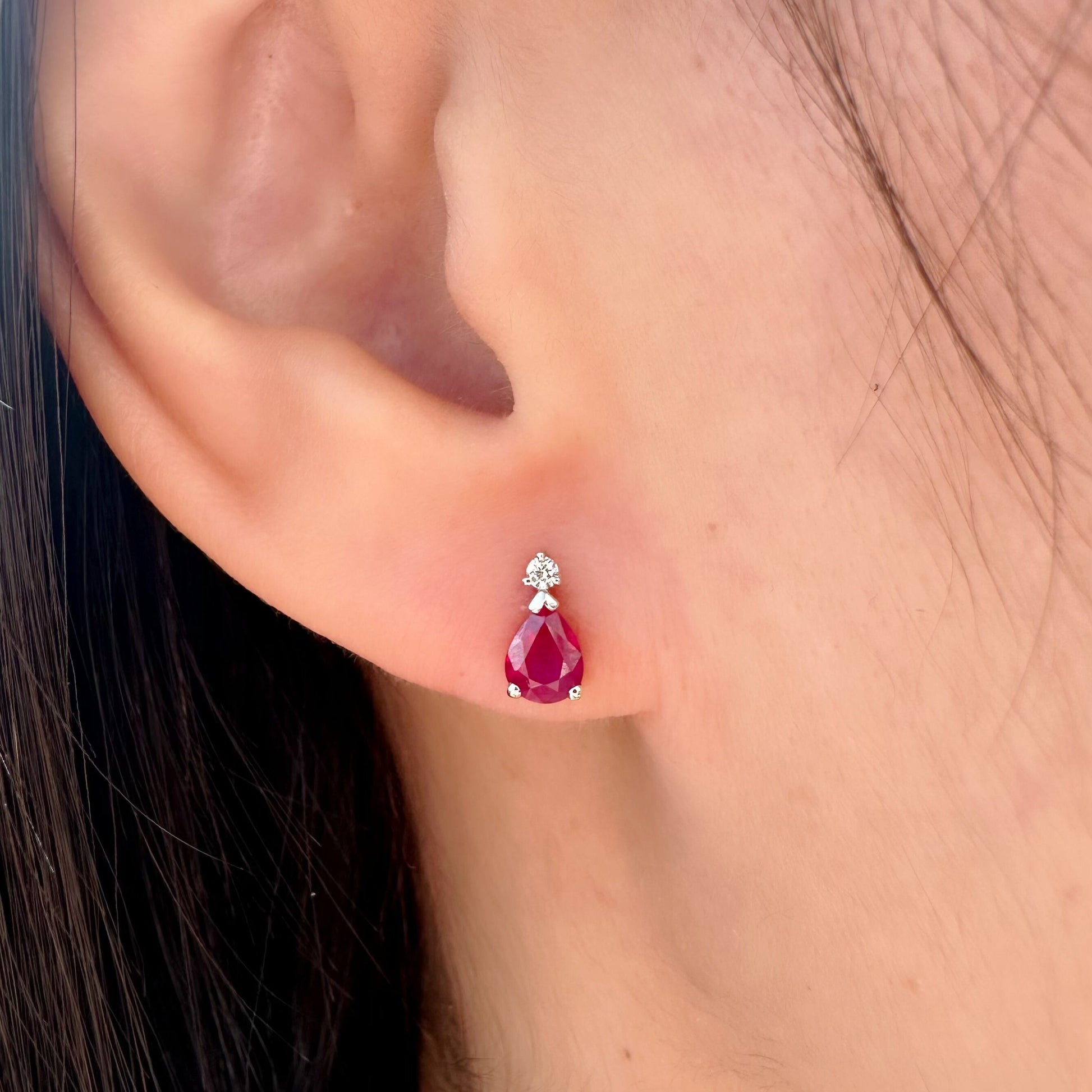 14K Solid Gold Genuine Ruby and Diamond Teardrop Studs/Pair