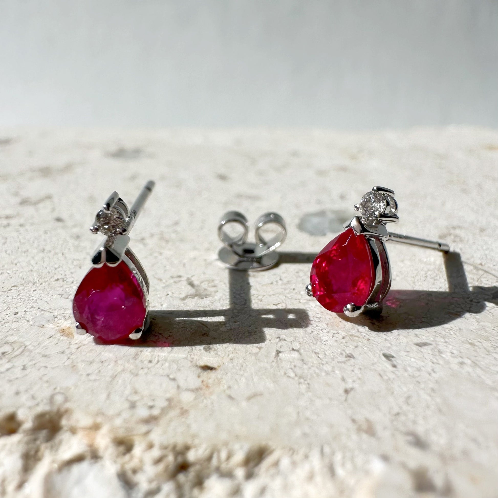 14K Solid Gold Genuine Ruby and Diamond Teardrop Studs/Pair
