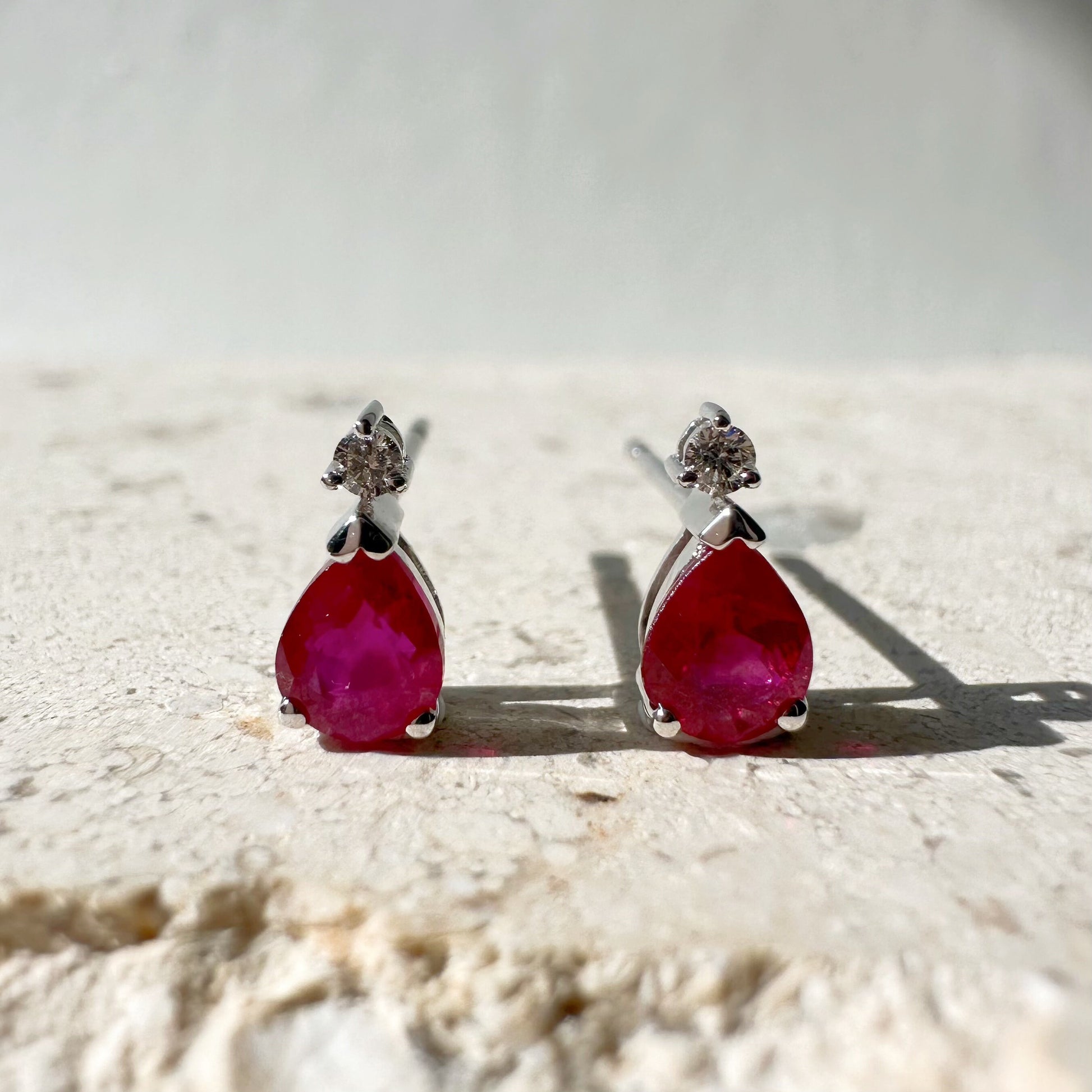 14K Solid Gold Genuine Ruby and Diamond Teardrop Studs/Pair