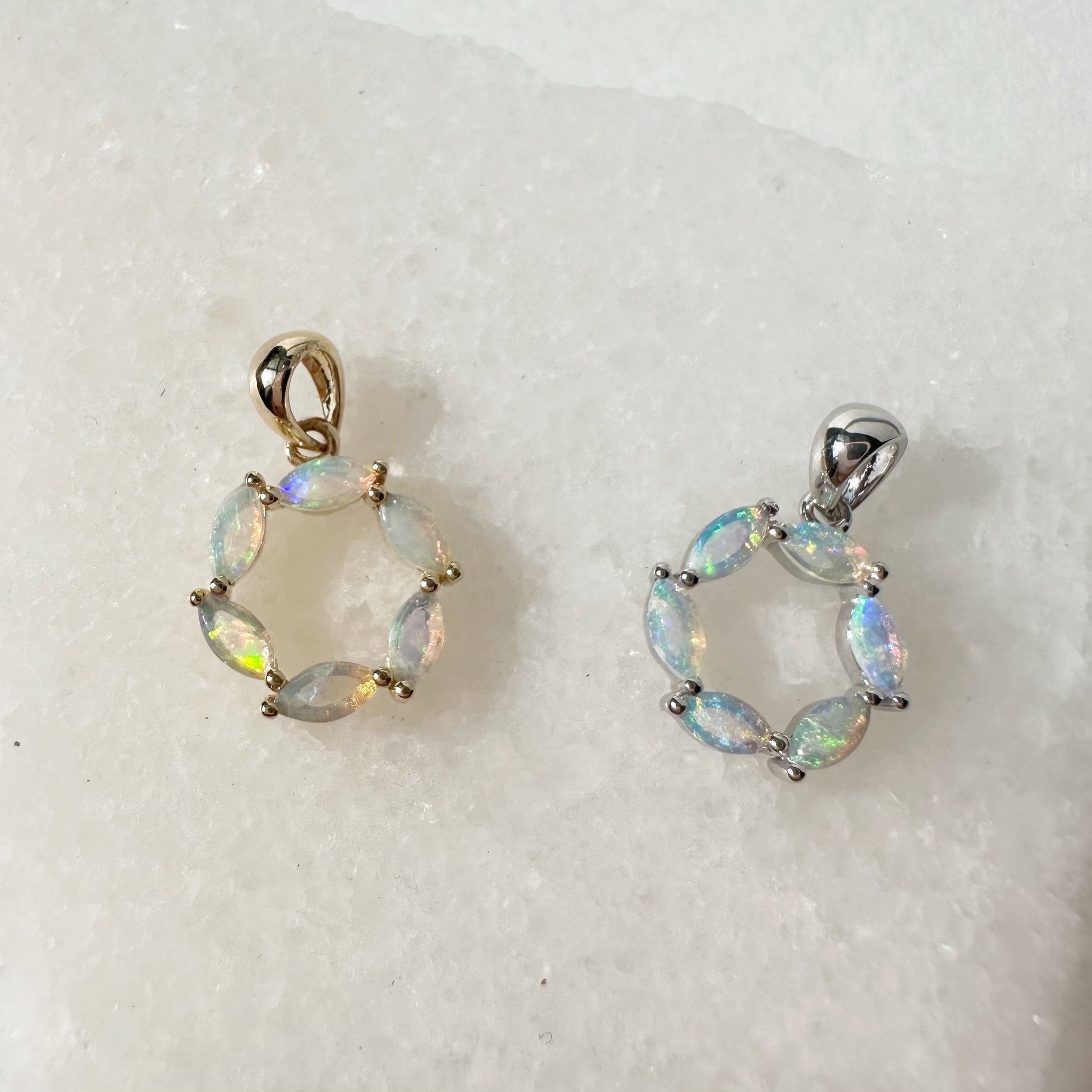 14K Solid Gold Genuine Opal Circle Pendant (pendant only)