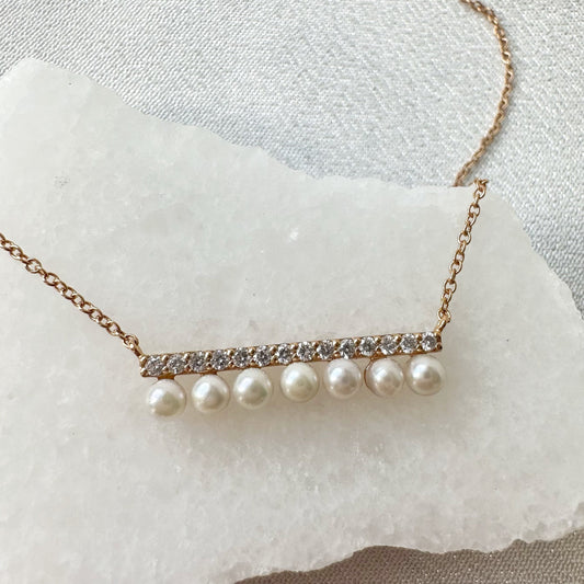 18K Solid Rose Gold Diamond and Pearl Bar Necklace