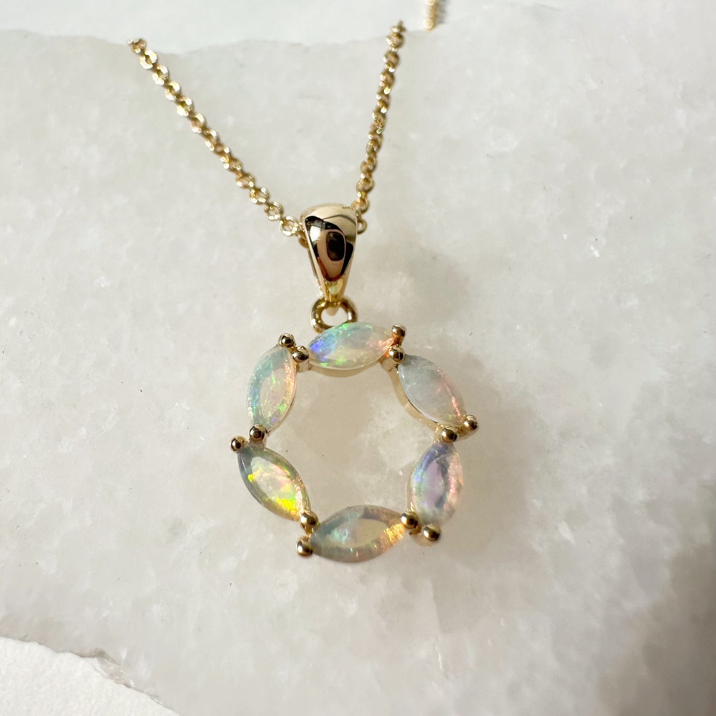 14K Solid Gold Genuine Opal Circle Pendant (pendant only)