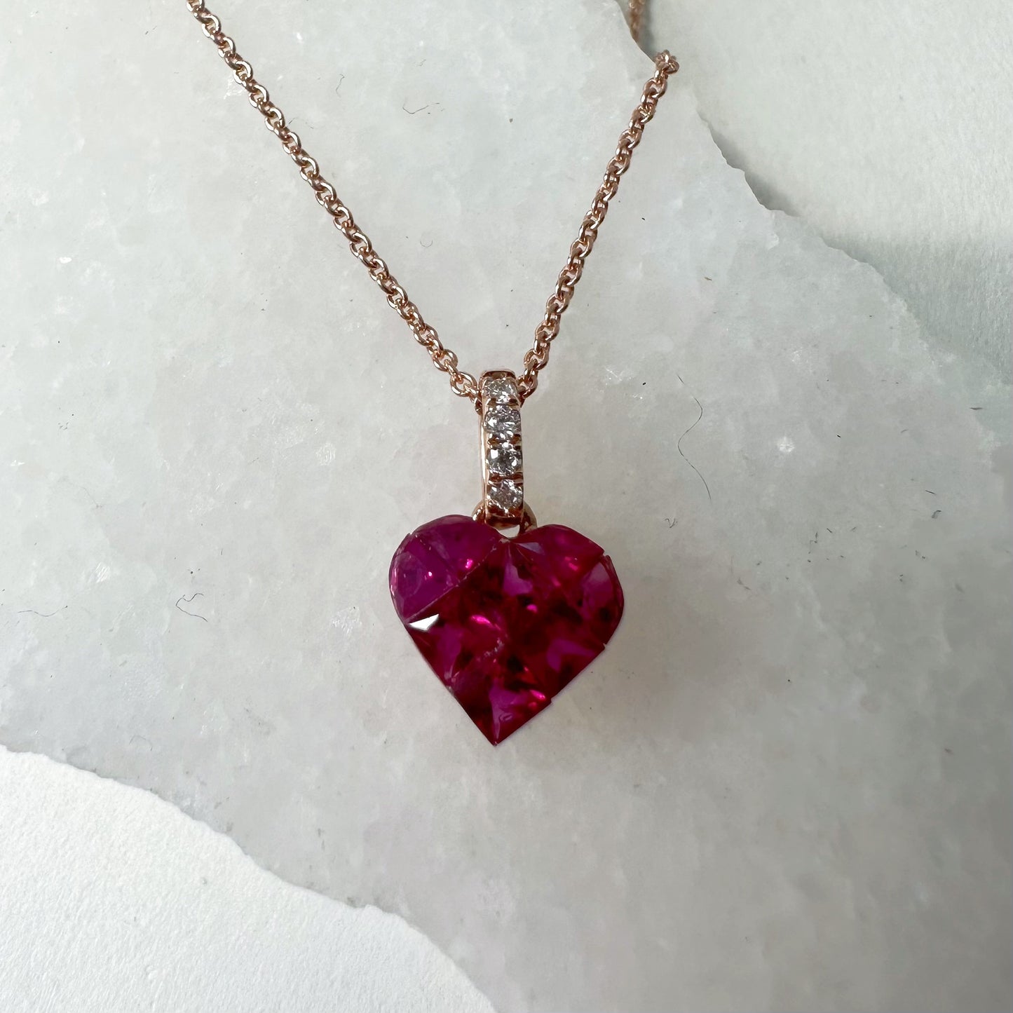 14K Solid Rose Gold Genuine Diamond and Ruby Heart Pendant