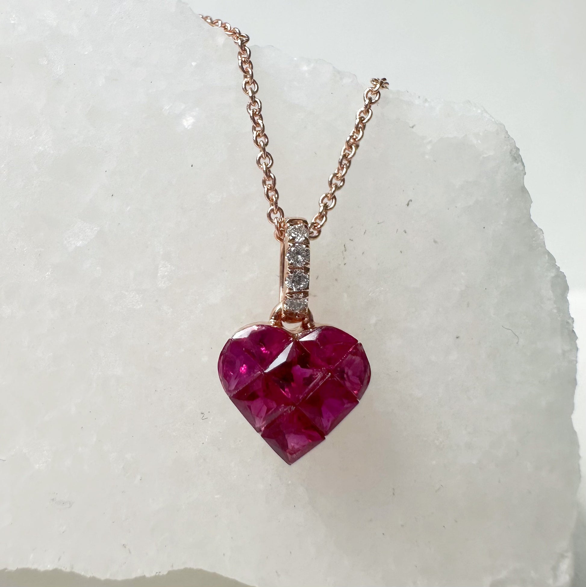 14K Solid Rose Gold Genuine Diamond and Ruby Heart Pendant