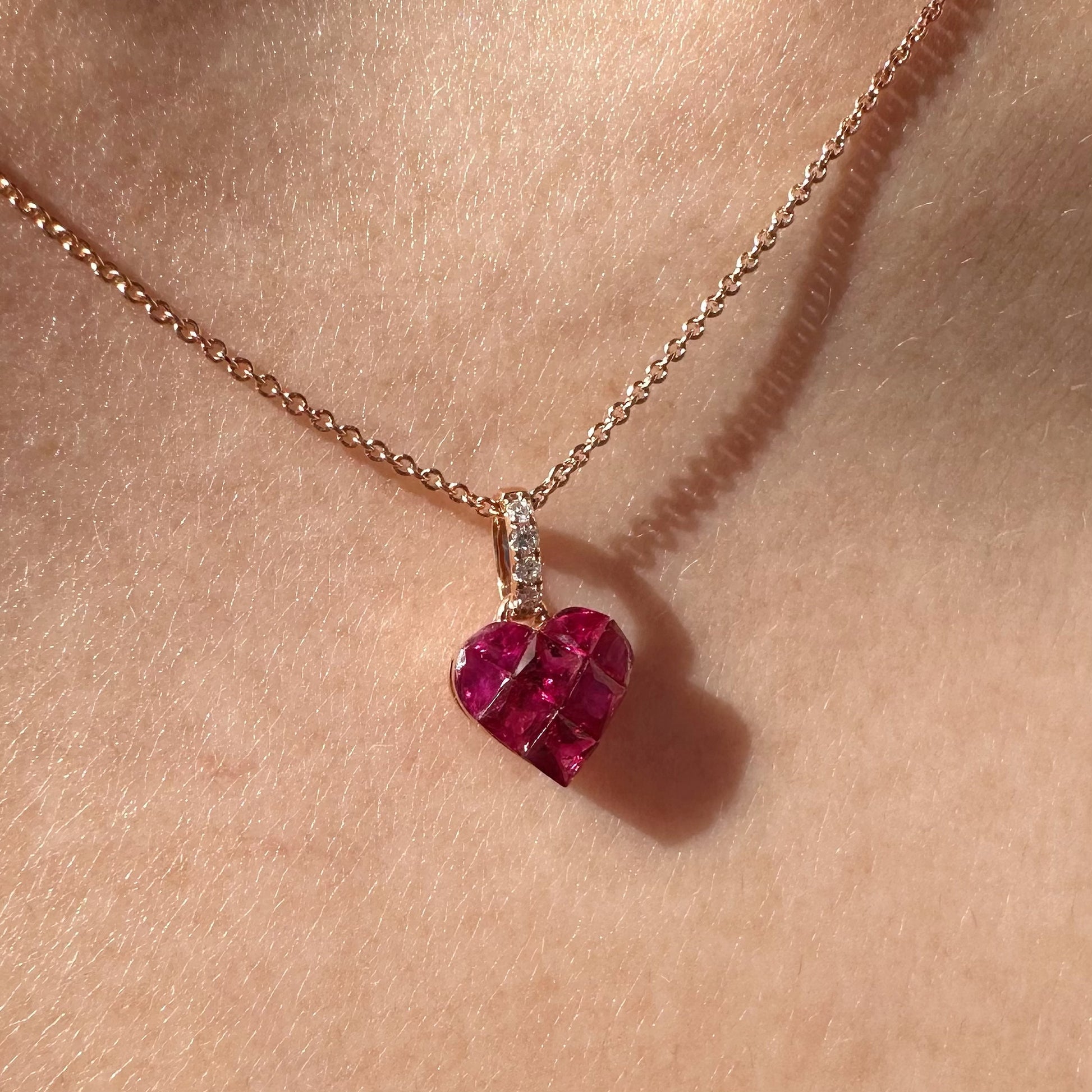 14K Solid Rose Gold Genuine Diamond and Ruby Heart Pendant