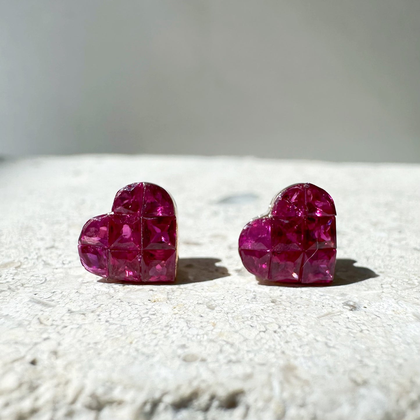 14K Solid Rose Gold Invisible Setting Ruby Heart Studs