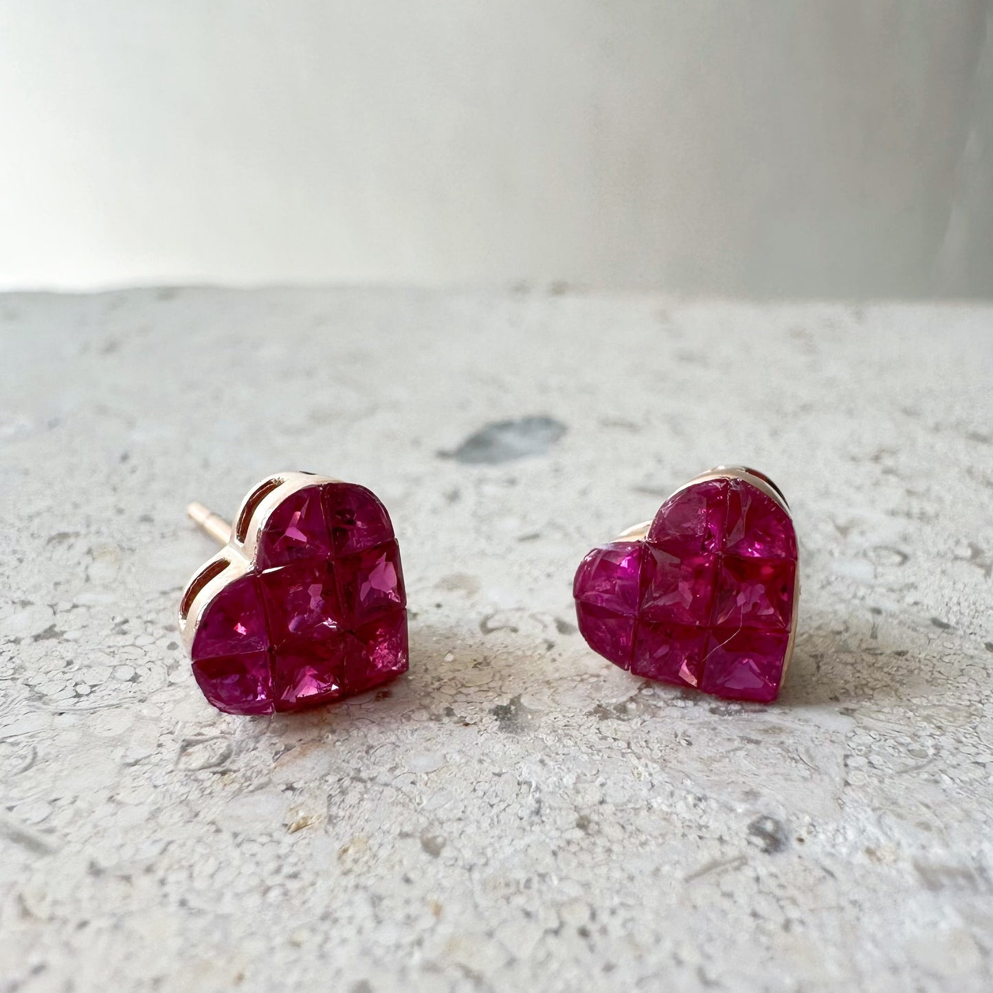 14K Solid Rose Gold Invisible Setting Ruby Heart Studs