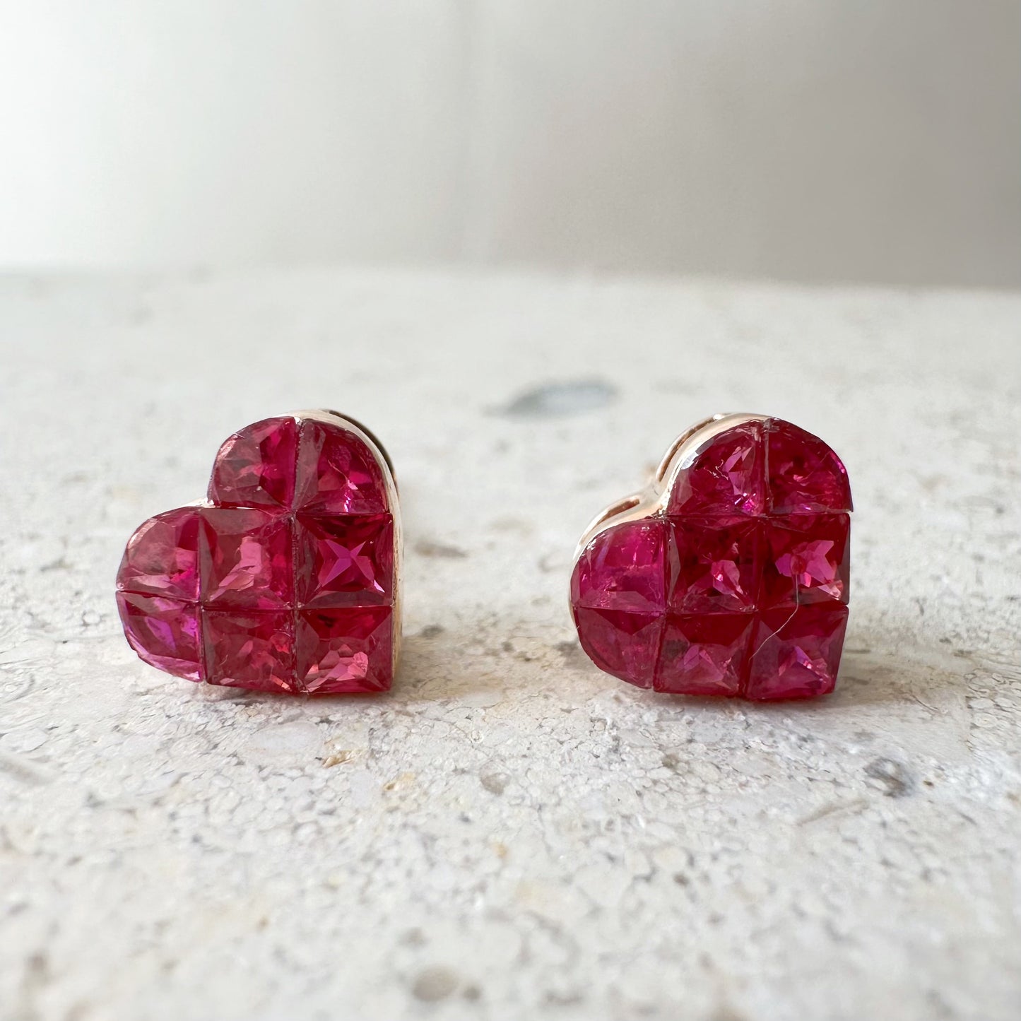 14K Solid Rose Gold Invisible Setting Ruby Heart Studs