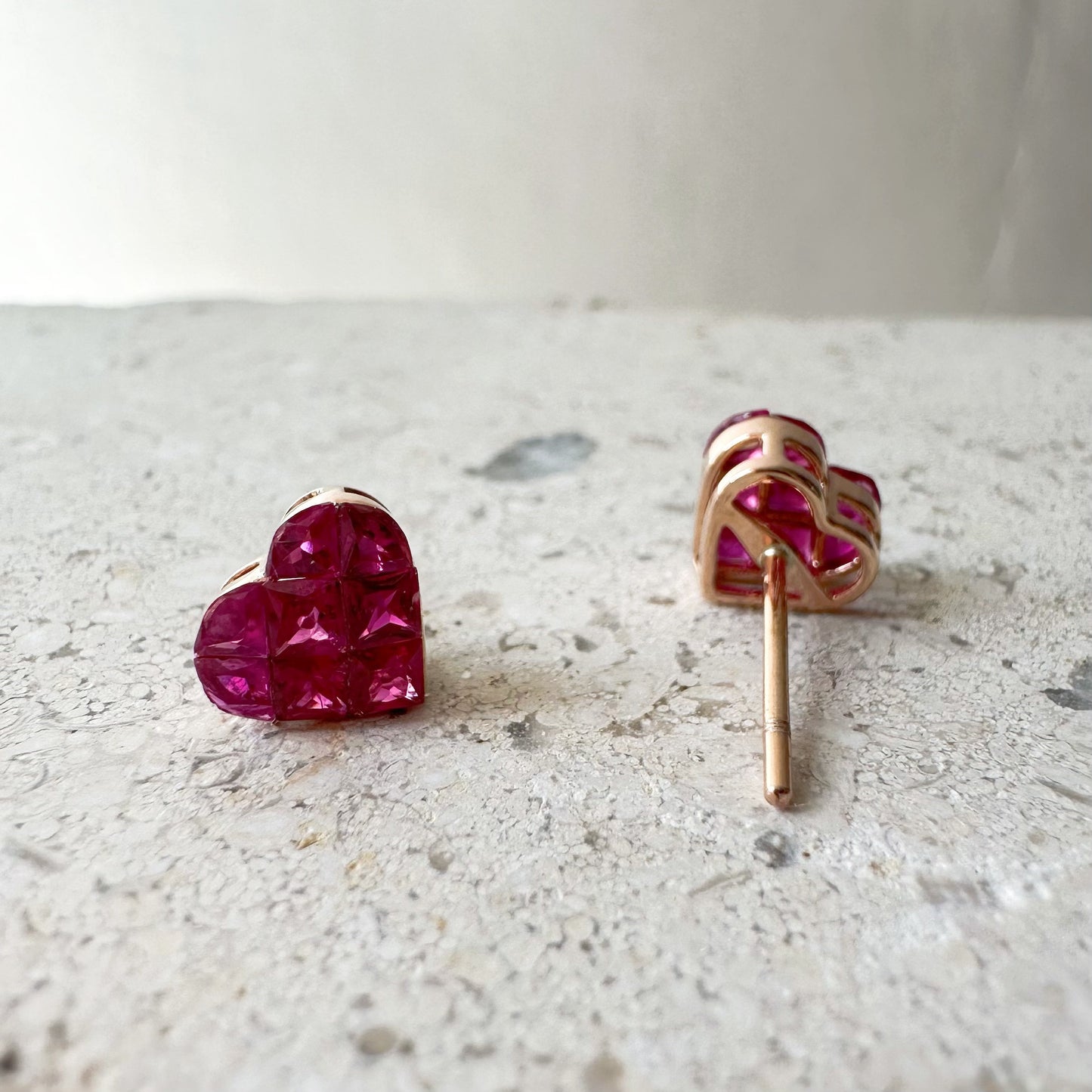 14K Solid Rose Gold Invisible Setting Ruby Heart Studs