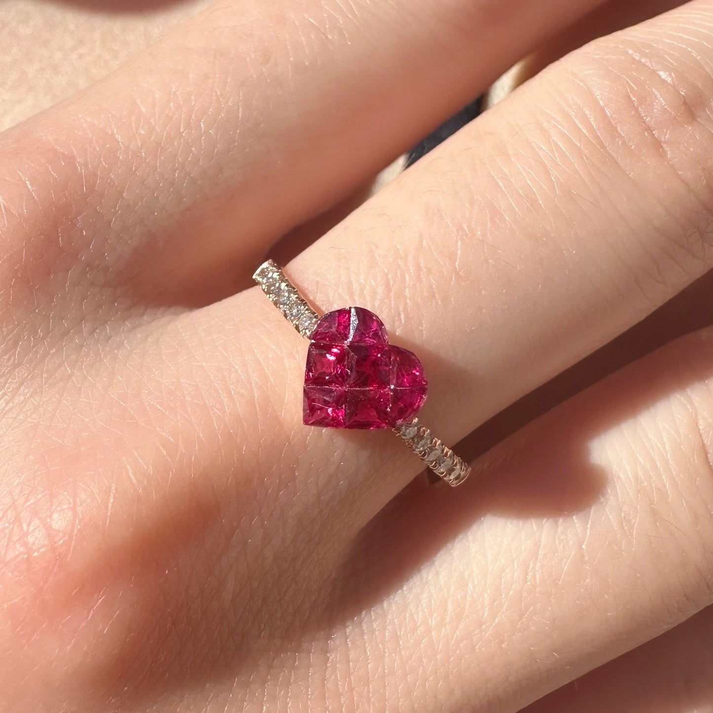 18K Solid Gold Genuine Ruby and Diamond Invisible Setting Heart Ring