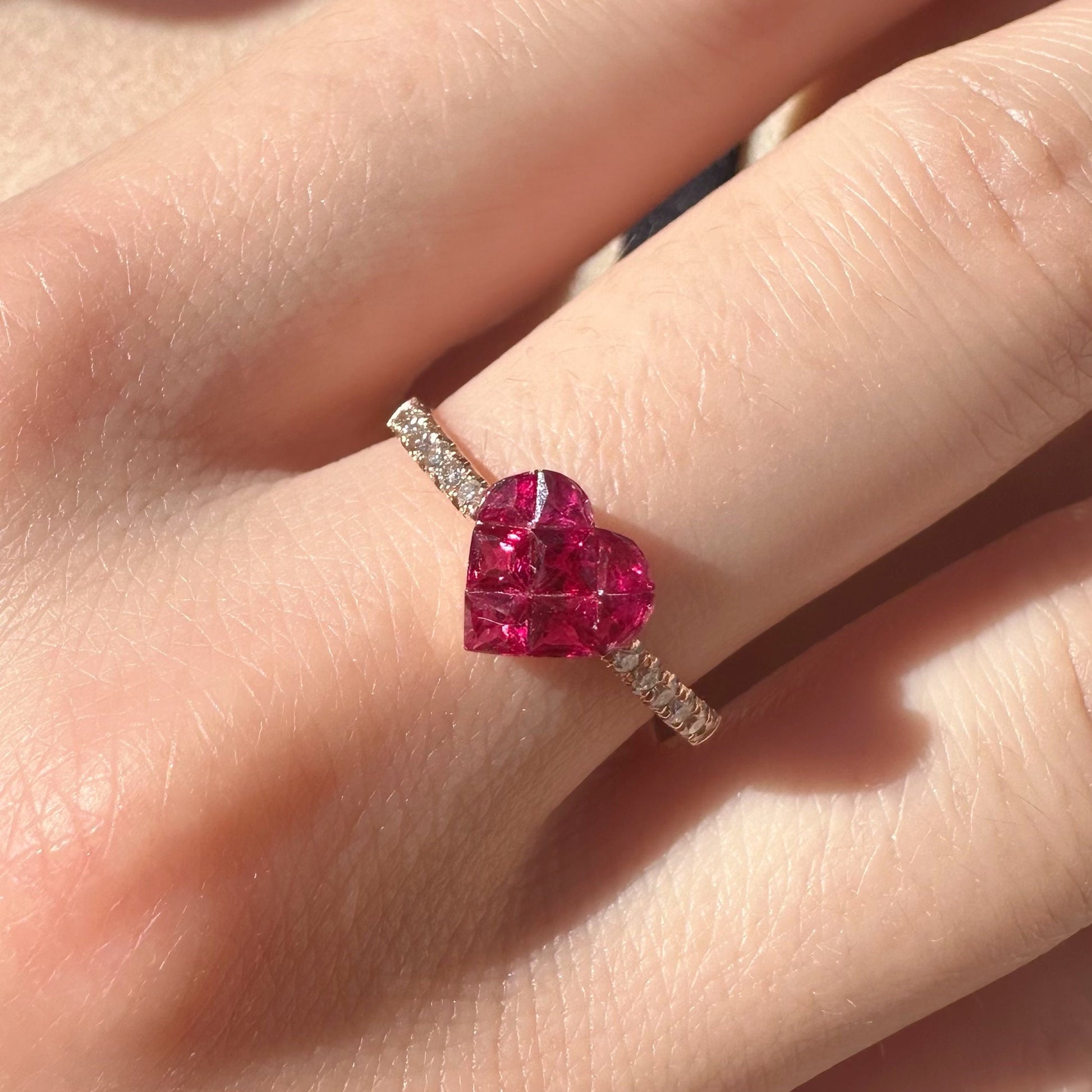 18K Solid Gold Genuine Ruby and Diamond Invisible Setting Heart Ring