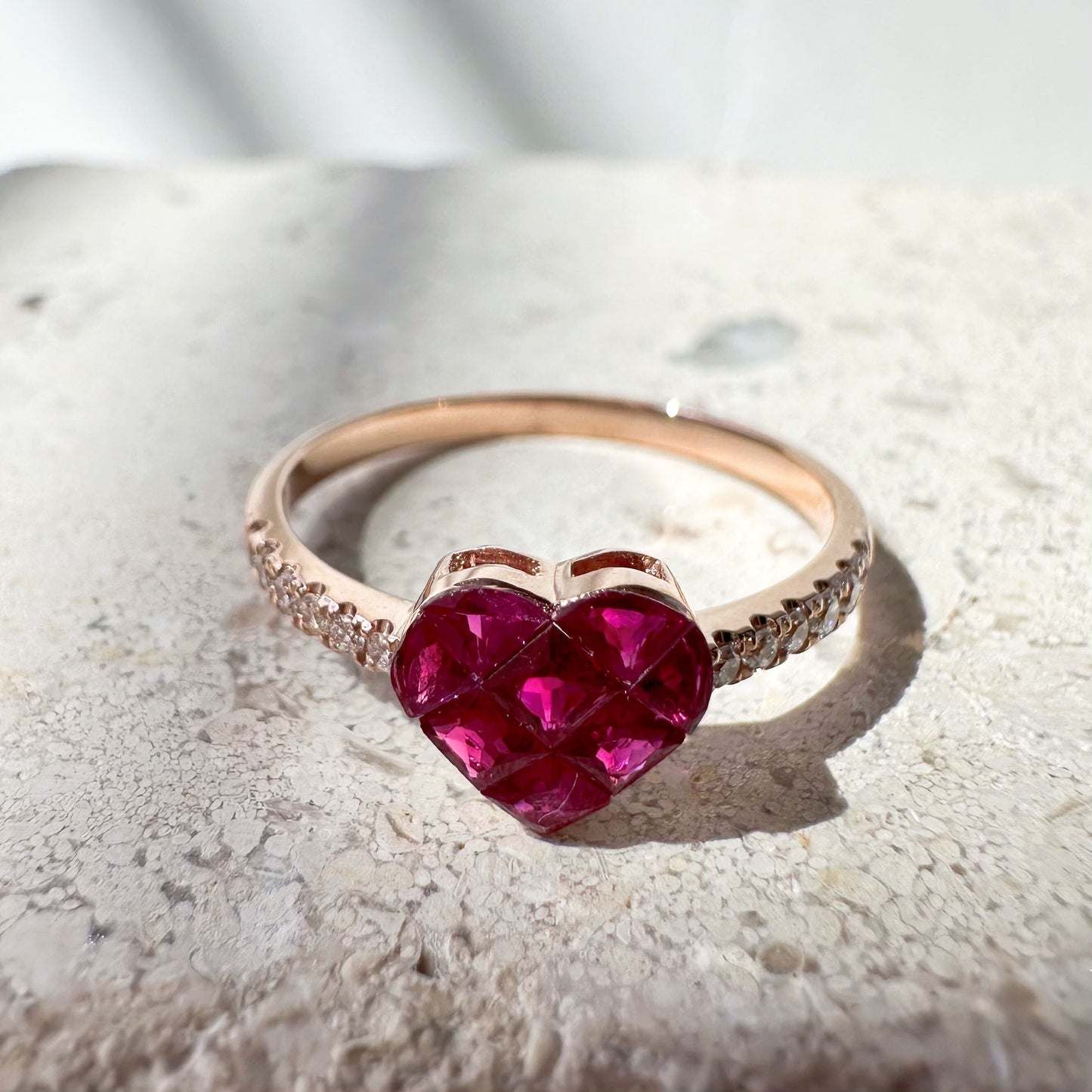 14K Solid Rose Gold Genuine Ruby and Diamond Invisible Setting Heart Ring