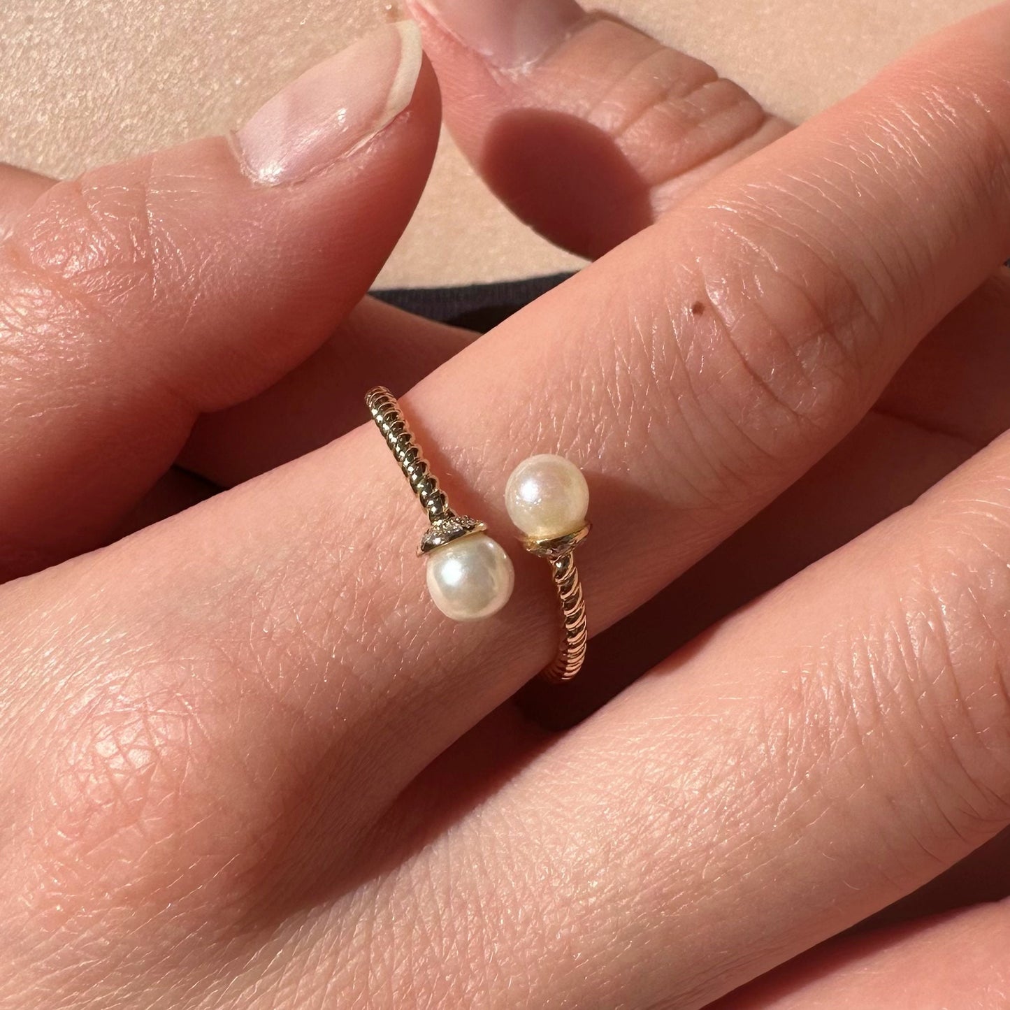 18K Solid Gold Genuine Akoya Pearl and Diamond Ring